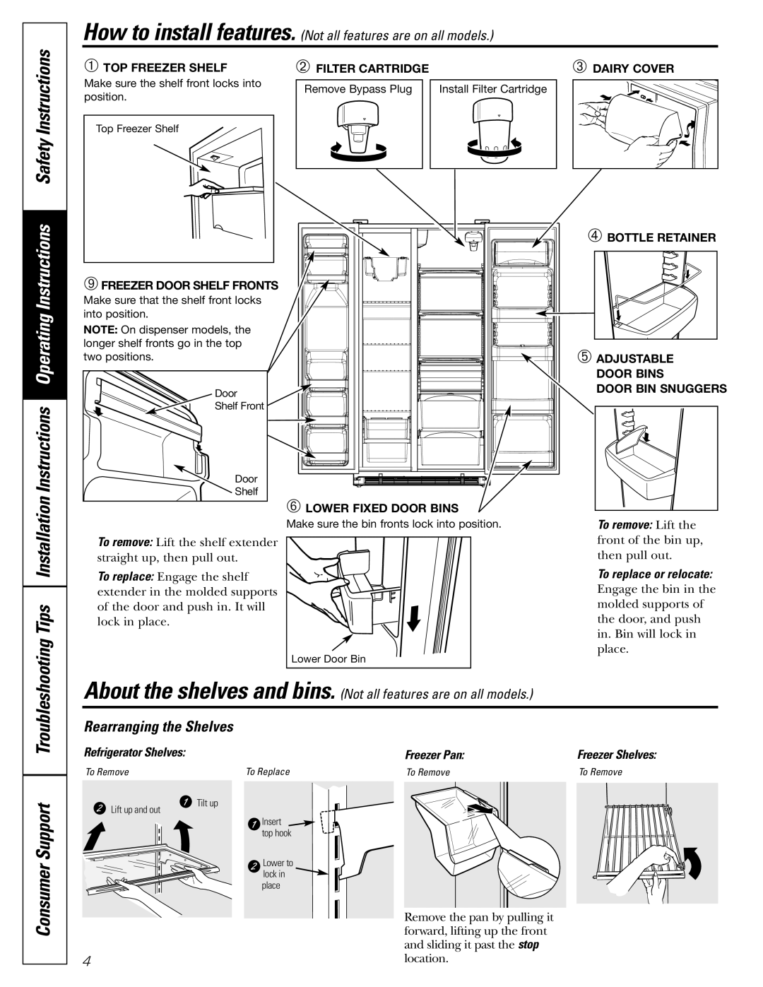 GE 20 manuel dutilisation Rearranging the Shelves, To remove Lift, Refrigerator Shelves, Freezer Pan Freezer Shelves 