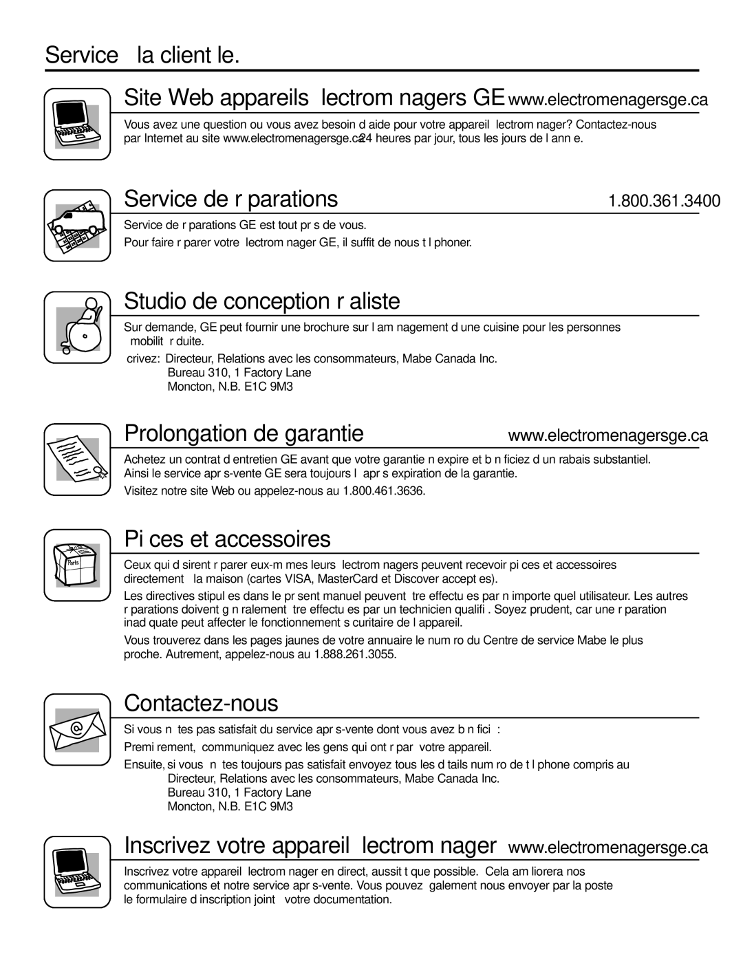 GE 20 manuel dutilisation Service à la clientèle, Service de réparations, Prolongation de garantie 