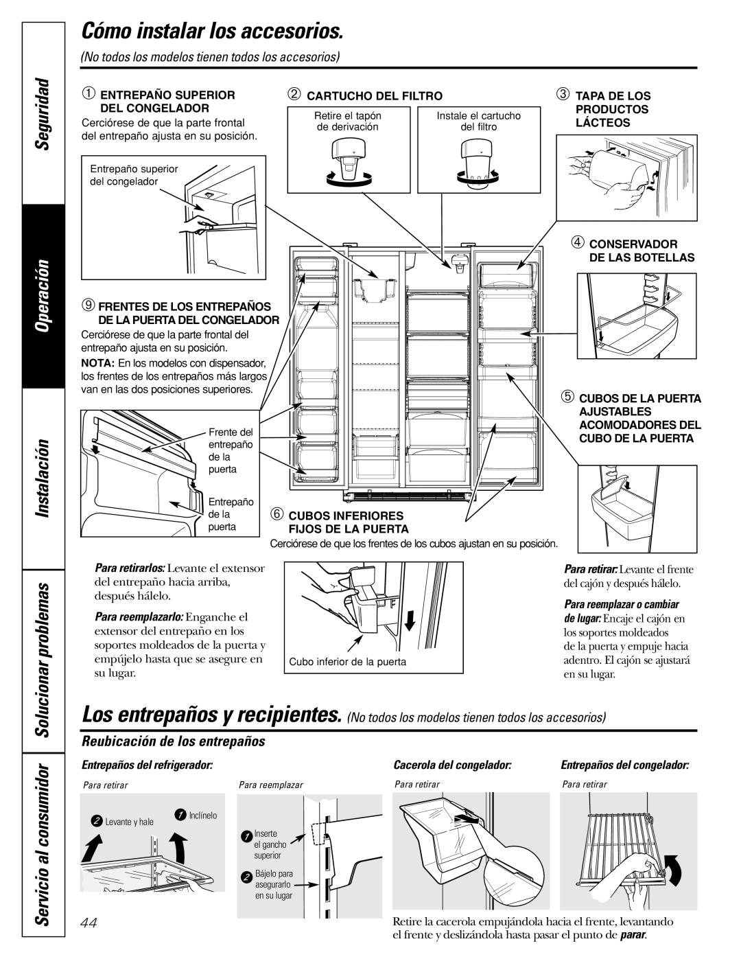 GE 20 Cómo instalar los accesorios, Seguridad, Reubicación de los entrepaños, Entrepaños del refrigerador 