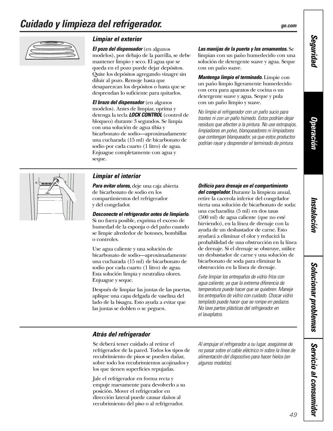 GE 20 Cuidado y limpieza del refrigerador, Limpiar el exterior, Limpiar el interior, Atrás del refrigerador 