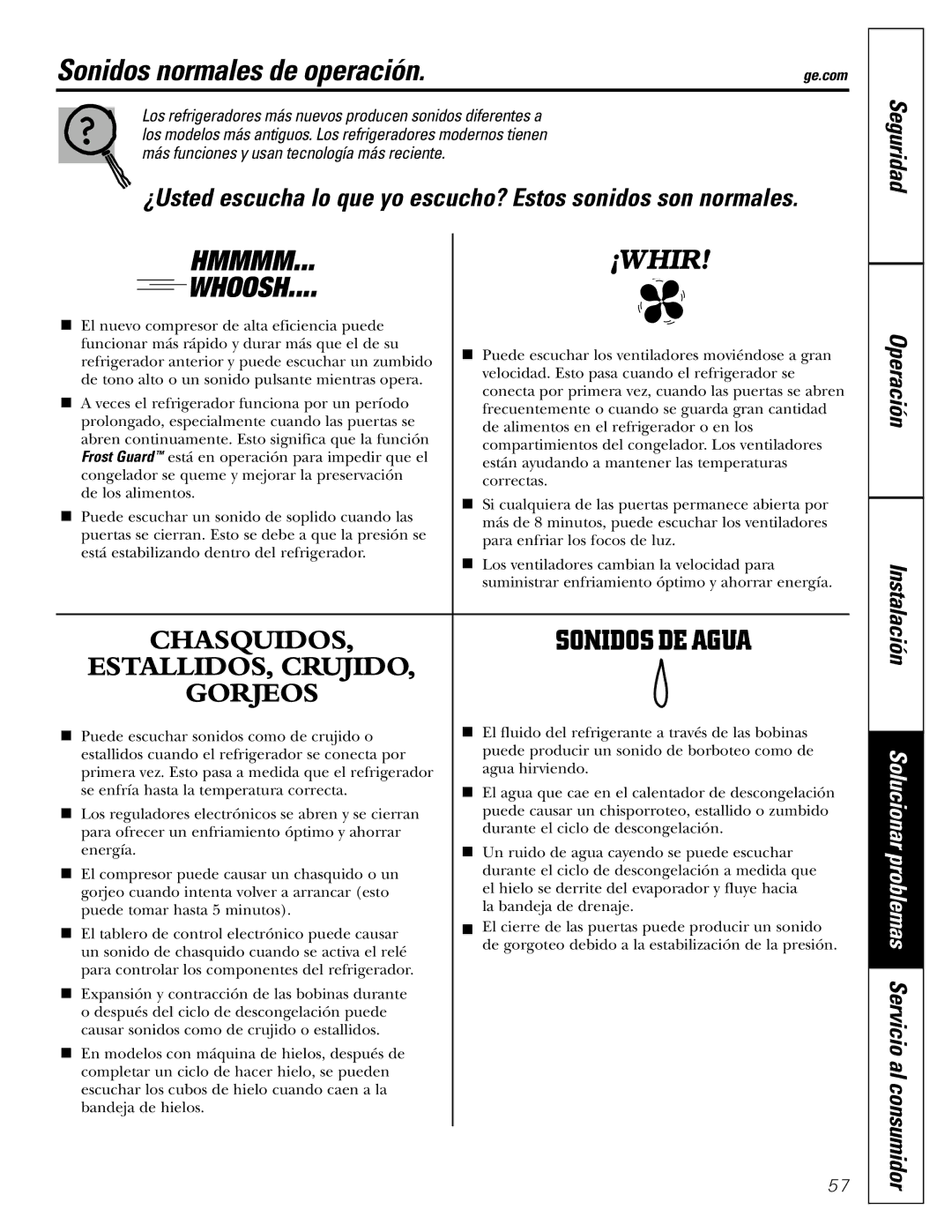 GE 20 manuel dutilisation Sonidos normales de operación, Seguridad Operación Instalación 