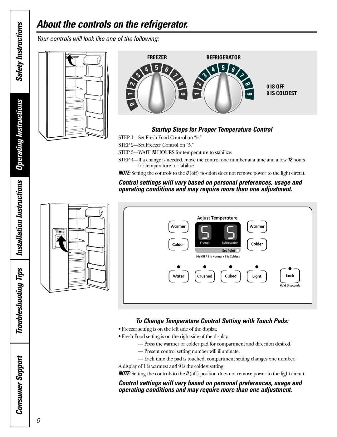 GE 20 manuel dutilisation About the controls on the refrigerator, Startup Steps for Proper Temperature Control 