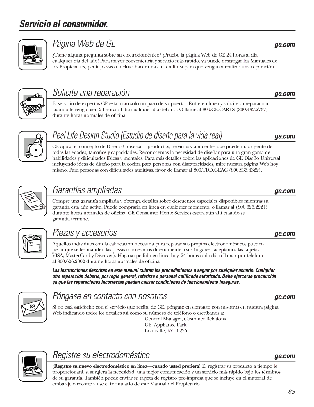 GE 20 Servicio al consumidor Página Web de GE, Solicite una reparación, Garantías ampliadas, Piezas y accesorios 