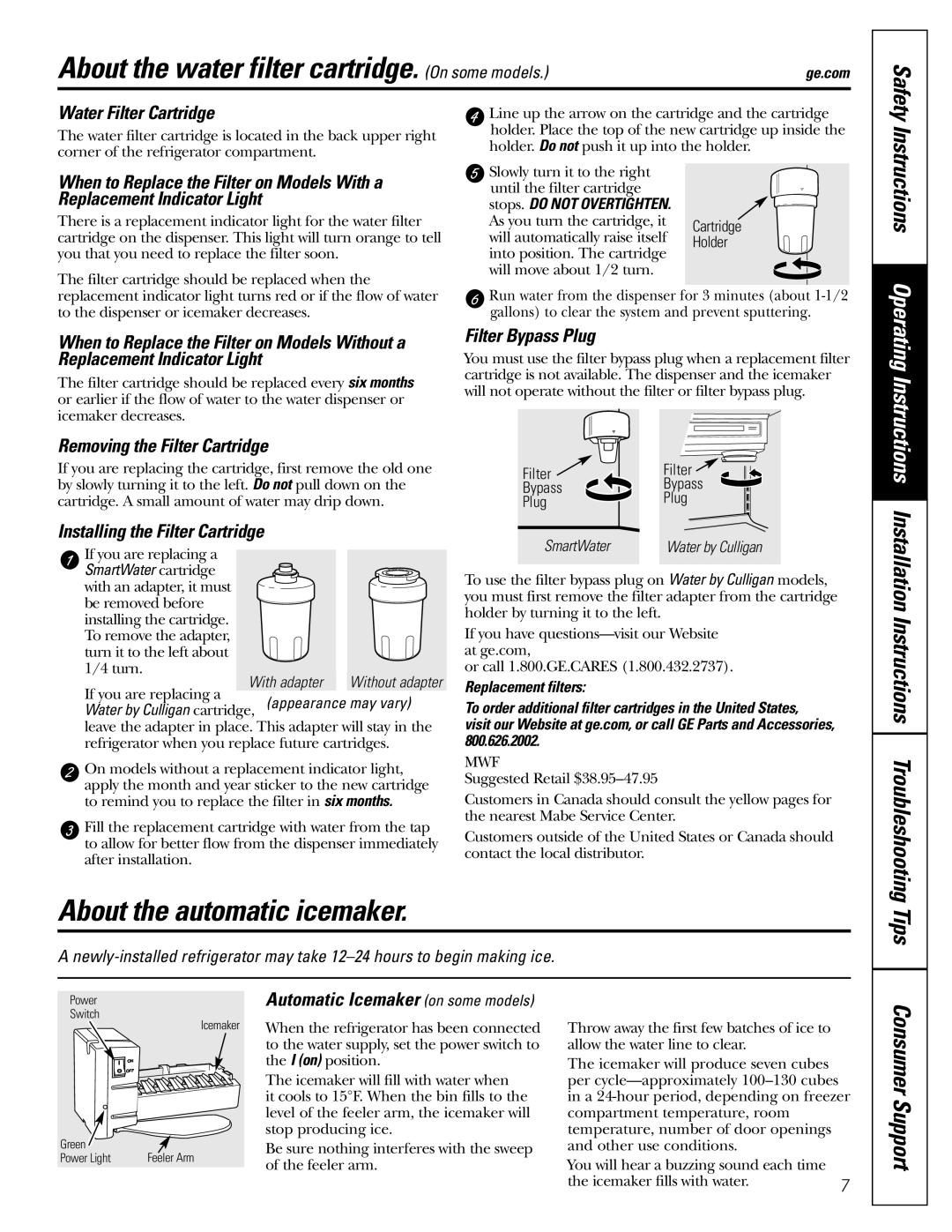 GE 20 manuel dutilisation About the water filter cartridge. On some models, About the automatic icemaker, Tips 