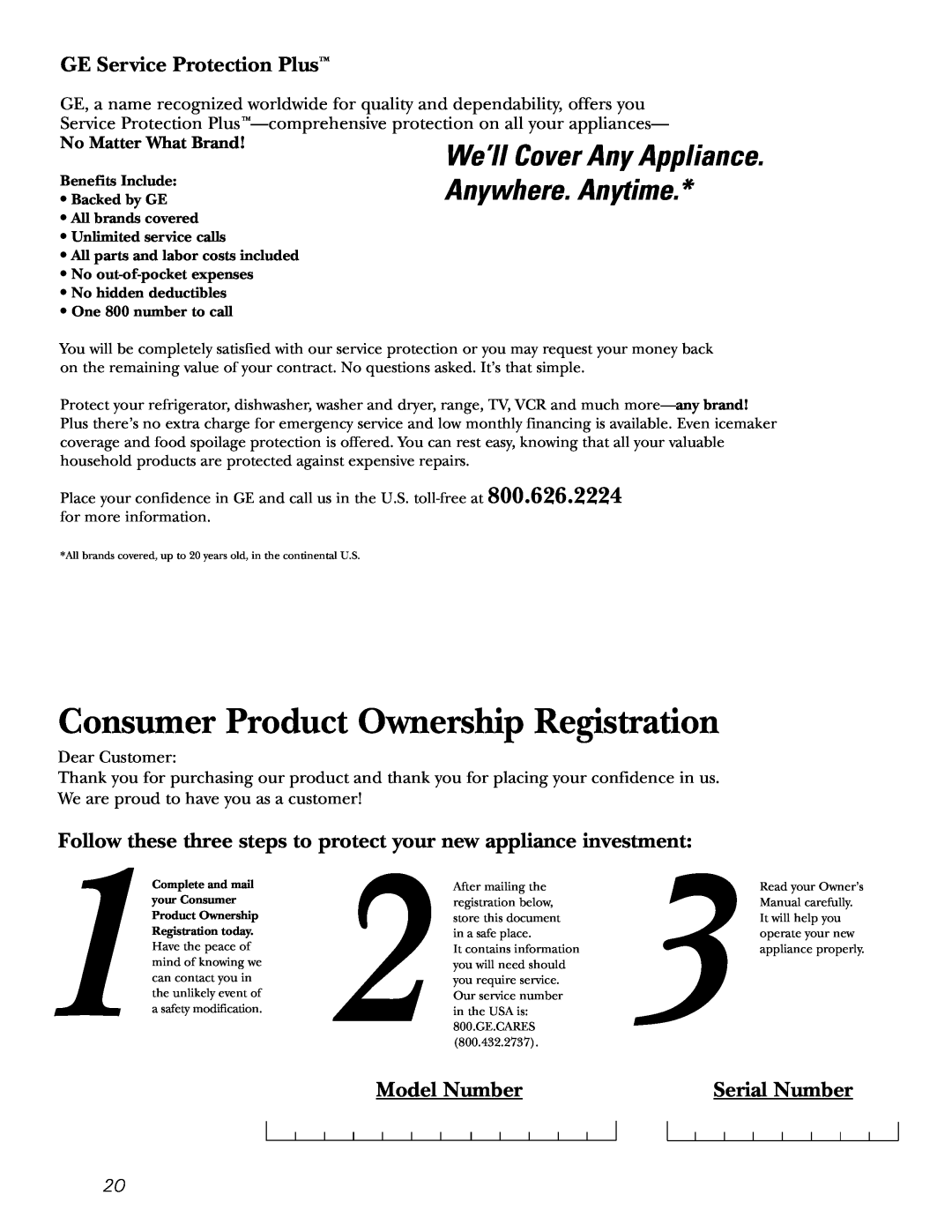 GE 20 manuel dutilisation Consumer Product Ownership Registration, GE Service Protection Plus, Model Number, Serial Number 