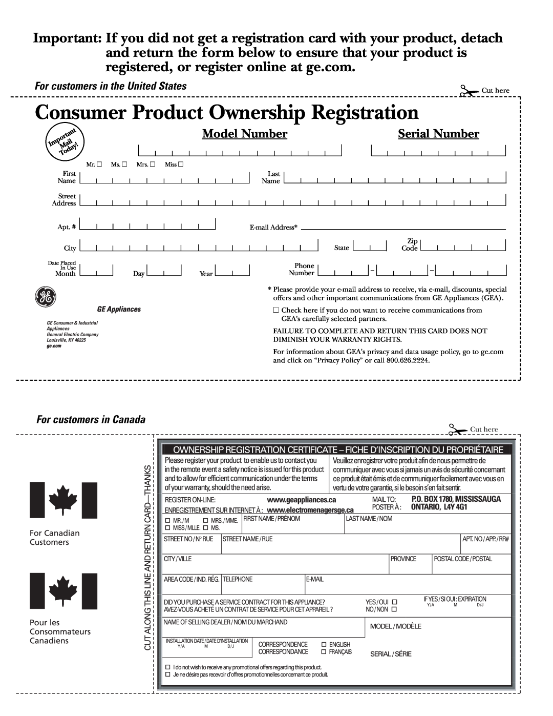 GE 20 For customers in the United States, For customers in Canada, Consumer Product Ownership Registration, Model Number 
