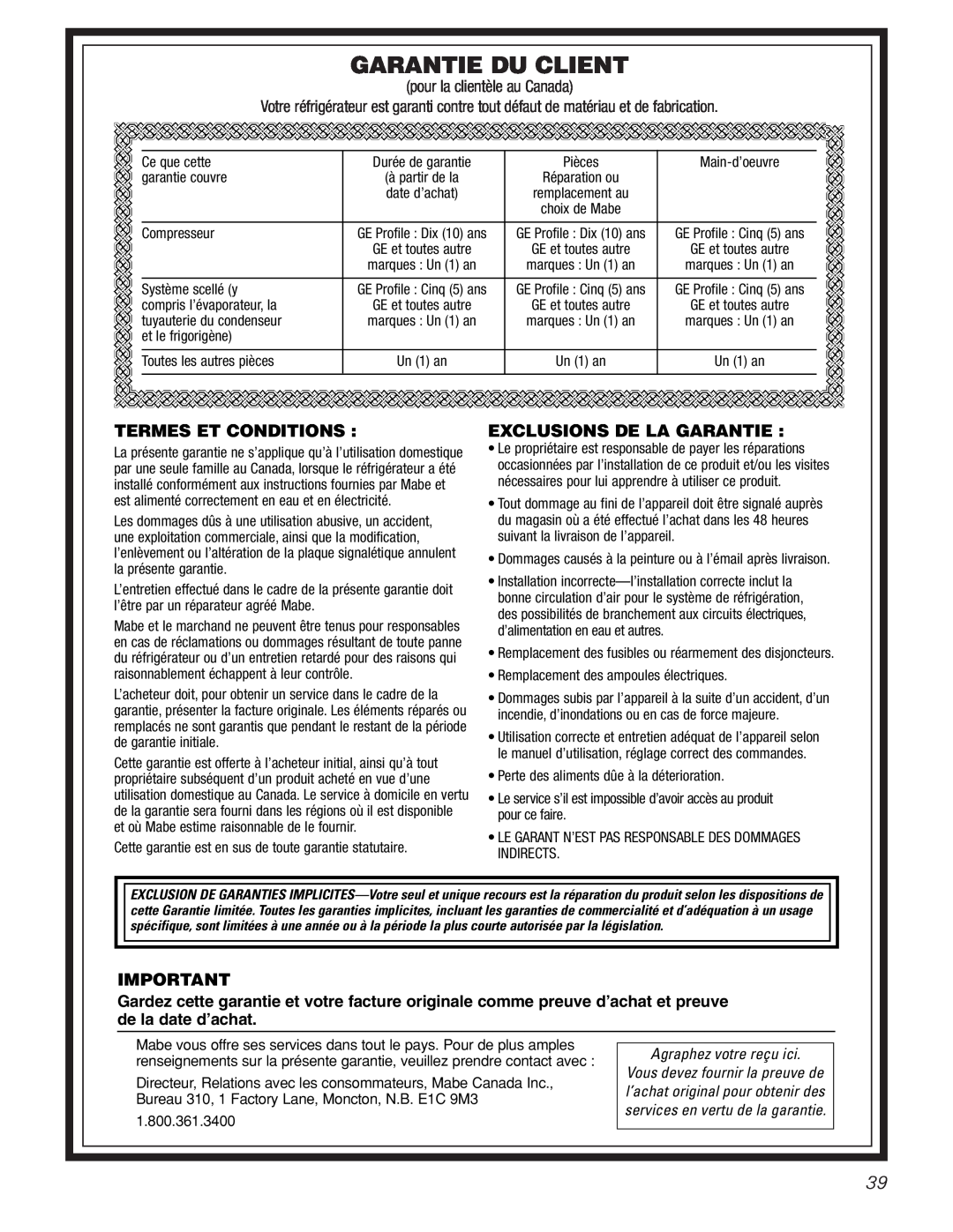 GE 20 manuel dutilisation Garantie Du Client, Termes Et Conditions, Exclusions De La Garantie, pour la clientèle au Canada 