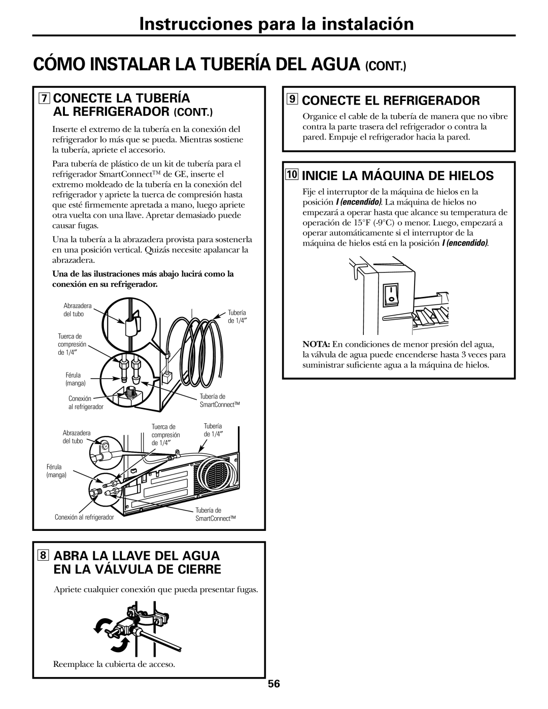 GE 20 manuel dutilisation Conecte La Tubería Al Refrigerador Cont, Conecte El Refrigerador, Inicie La Máquina De Hielos 