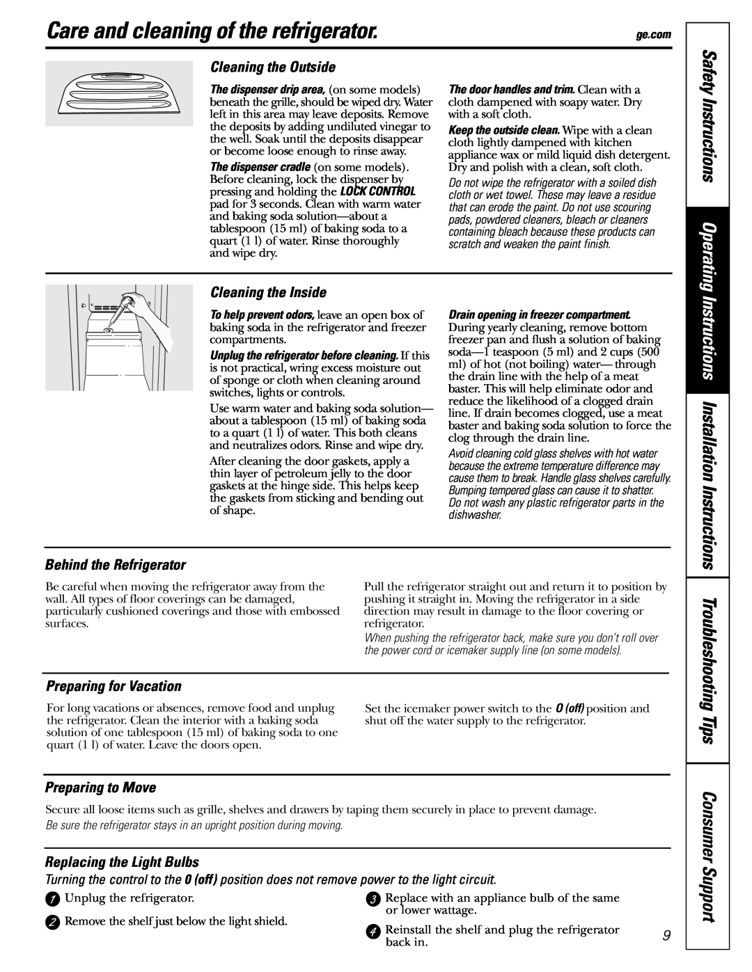 GE 20 Care and cleaning of the refrigerator, Safety Instructions Operating, Instructions Installation Instructions 