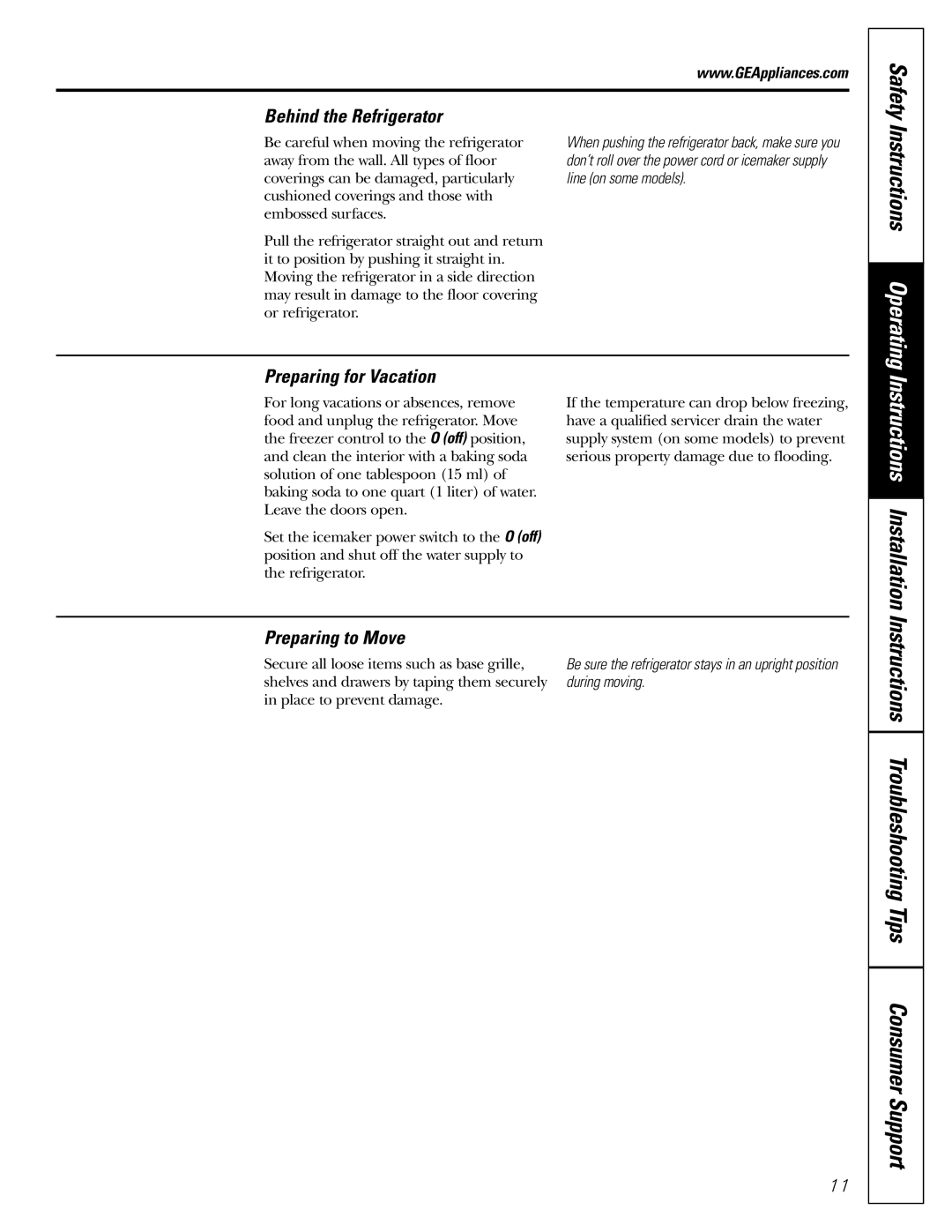 GE 200D2463P002 Instructions Troubleshooting Tips Consumer Support, Instructions Operating, Behind the Refrigerator 