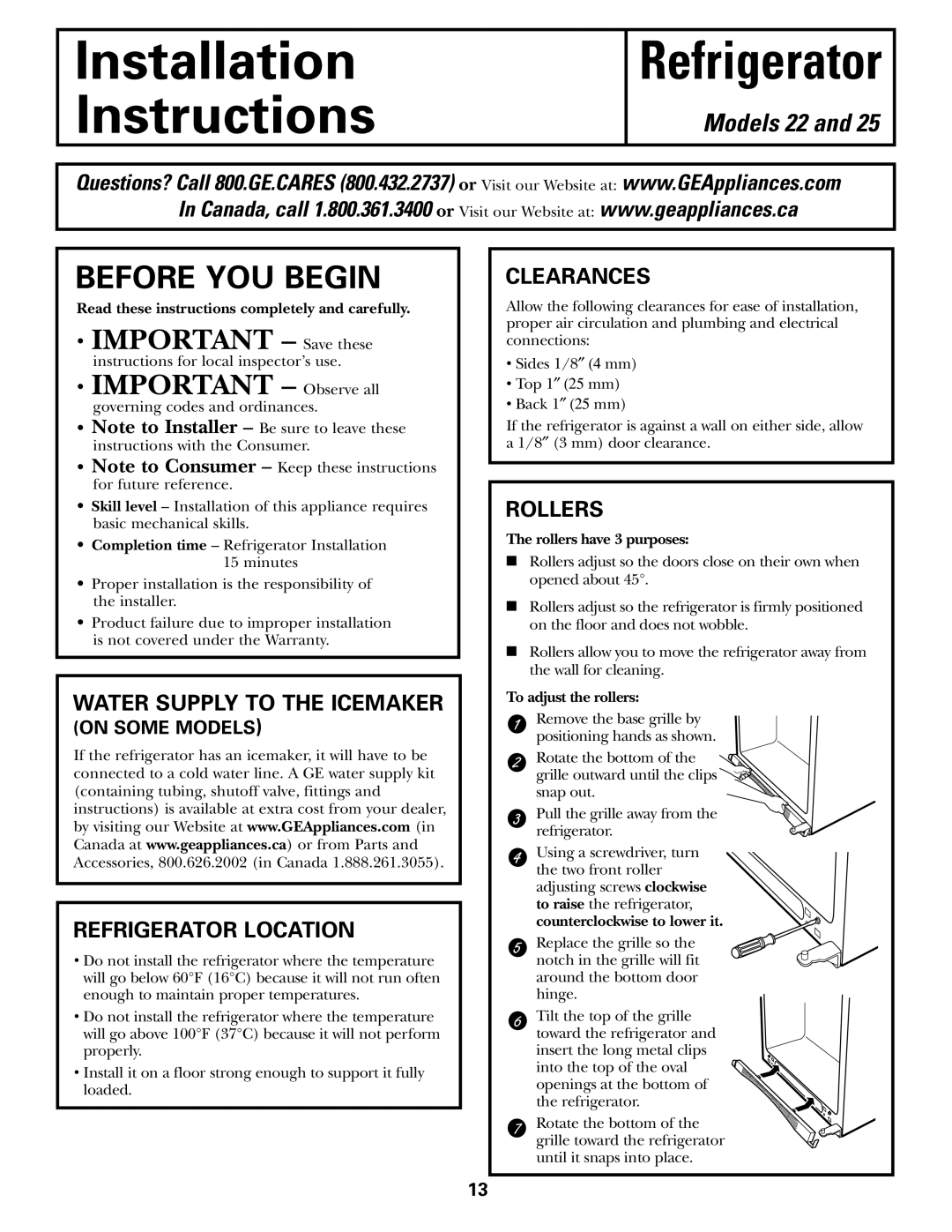 GE 200D2463P002 installation instructions Before YOU Begin, Refrigerator Location, Clearances, Rollers 