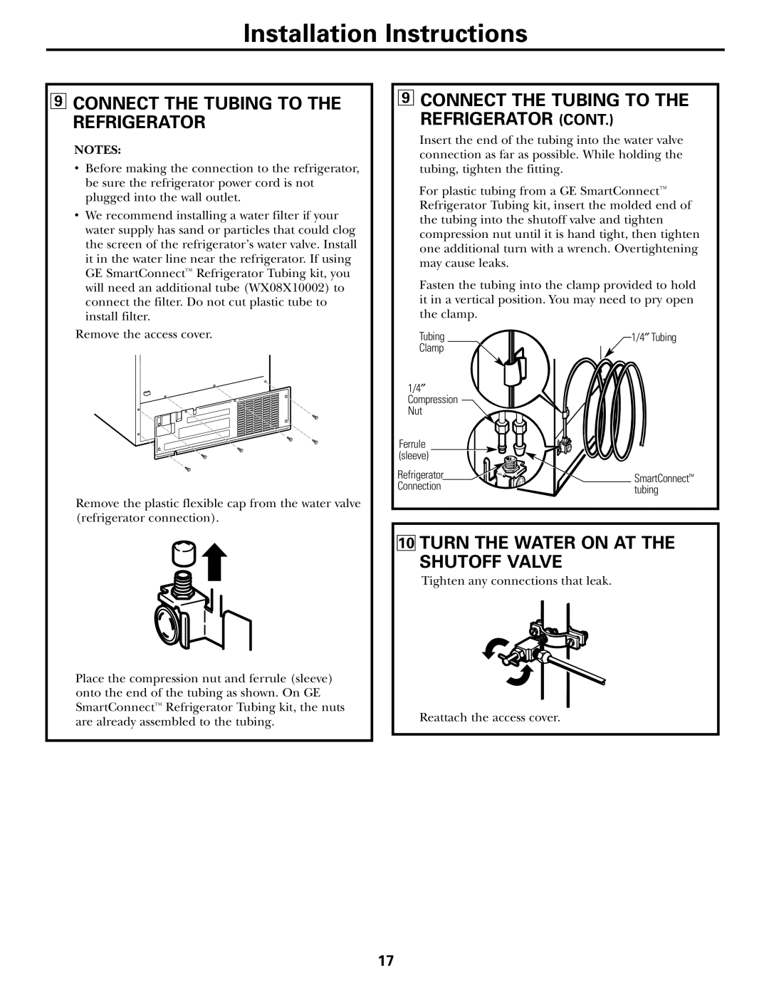 GE 200D2463P002 installation instructions Connect the Tubing to the Refrigerator, Turn the Water on AT the Shutoff Valve 