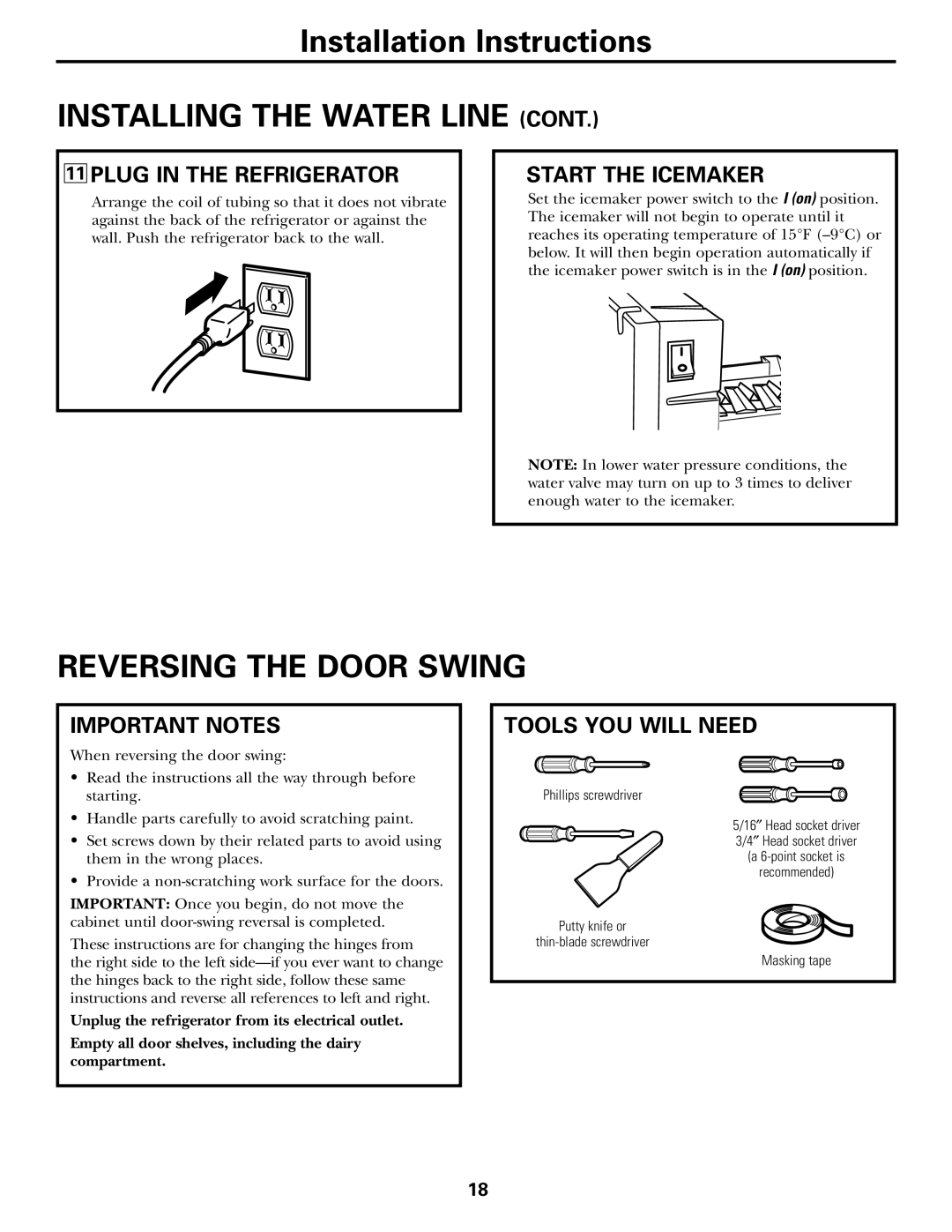 GE 200D2463P002 Reversing the Door Swing, Plug in the Refrigerator, Start the Icemaker, Important Notes 