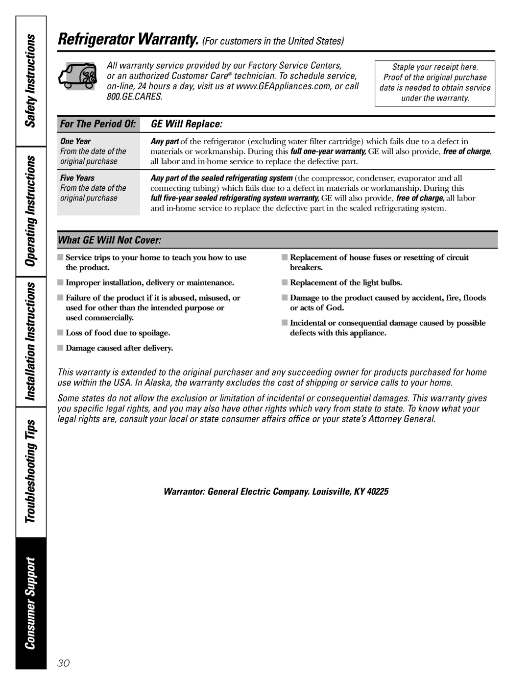 GE 200D2463P002 Consumer Support Troubleshooting Tips Installation, GE Will Replace, What GE Will Not Cover 