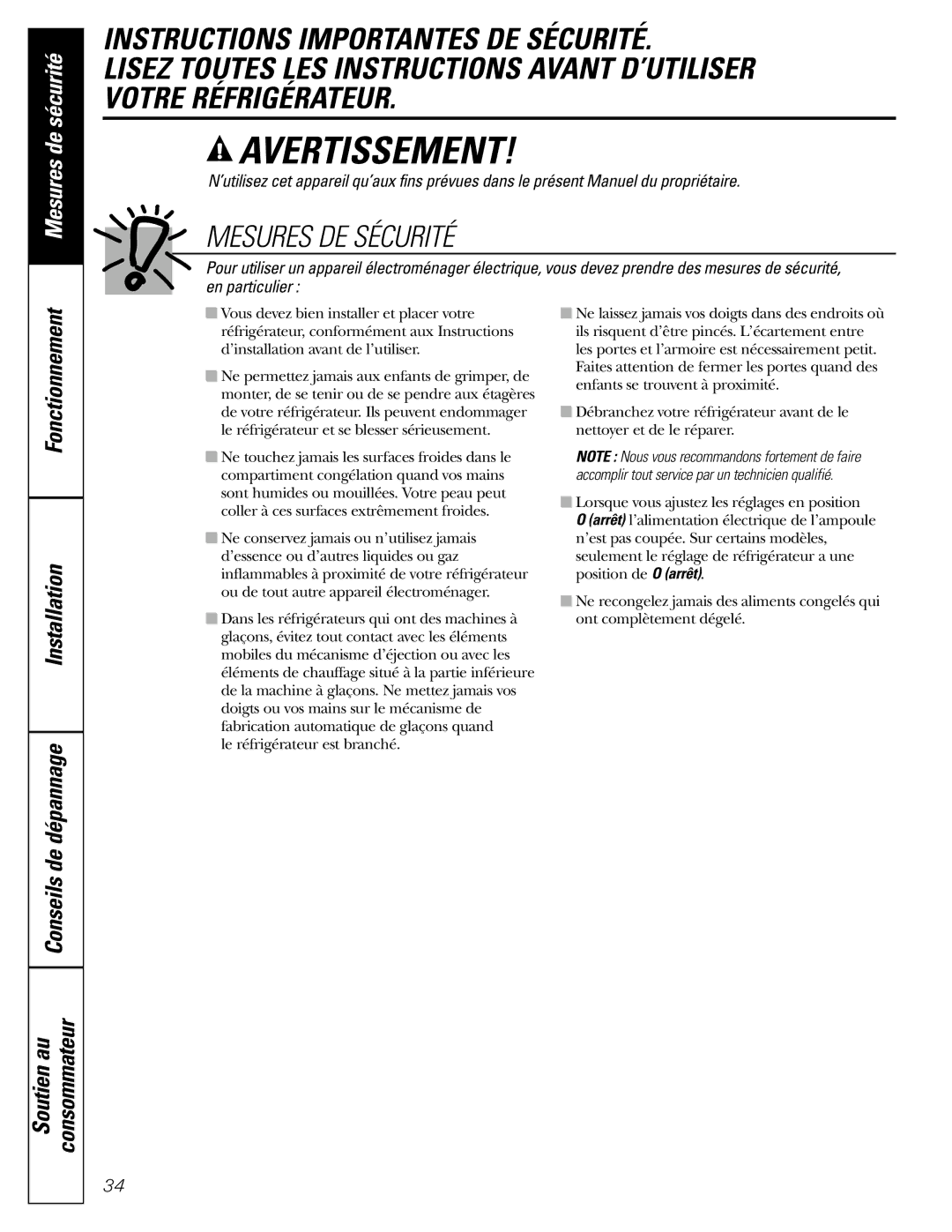 GE 200D2463P002 Mesures DE Sécurité, Installation Conseils de dépannage Soutien au Consommateur, Fonctionnement 