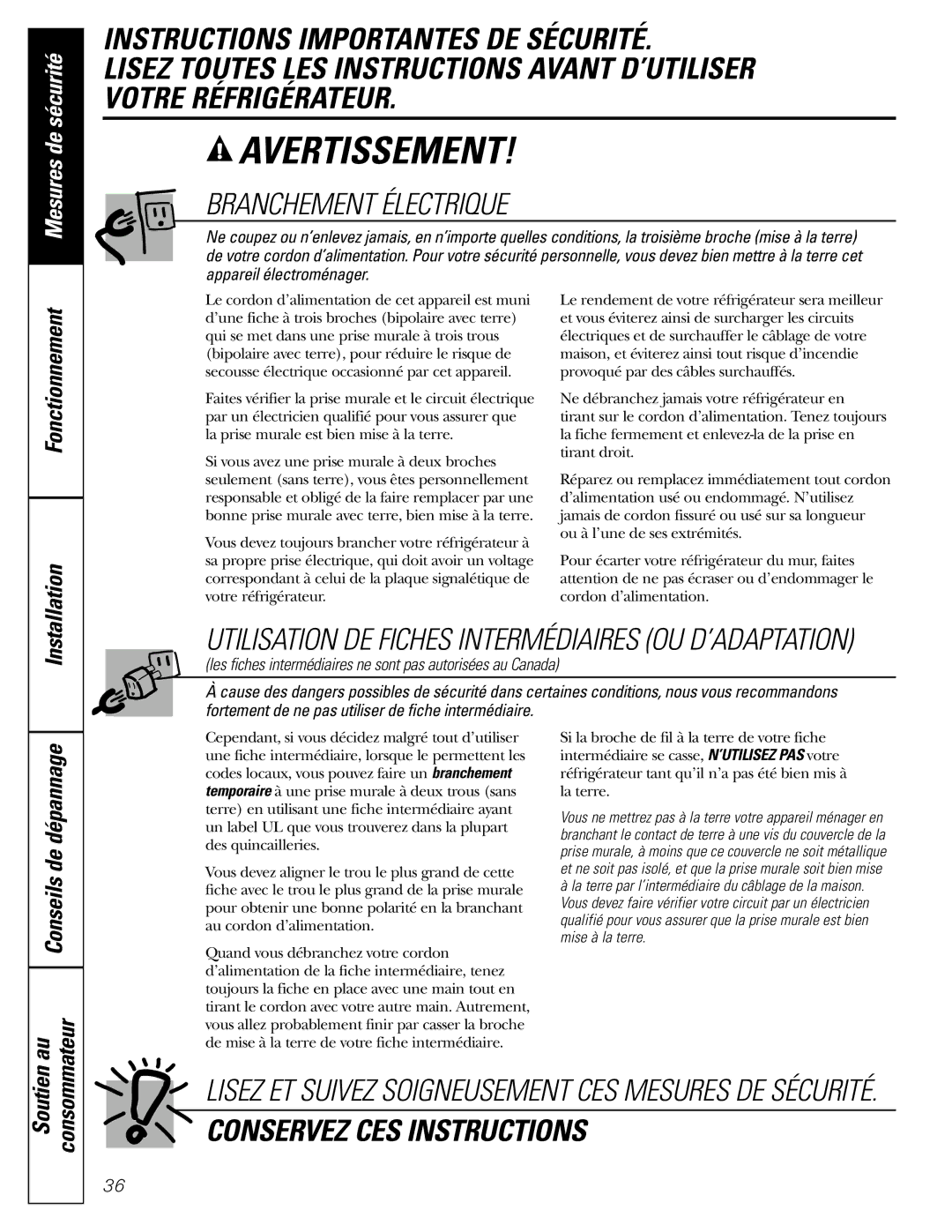 GE 200D2463P002 installation instructions Branchement Électrique, Fonctionnement, Conseils de dépannage 