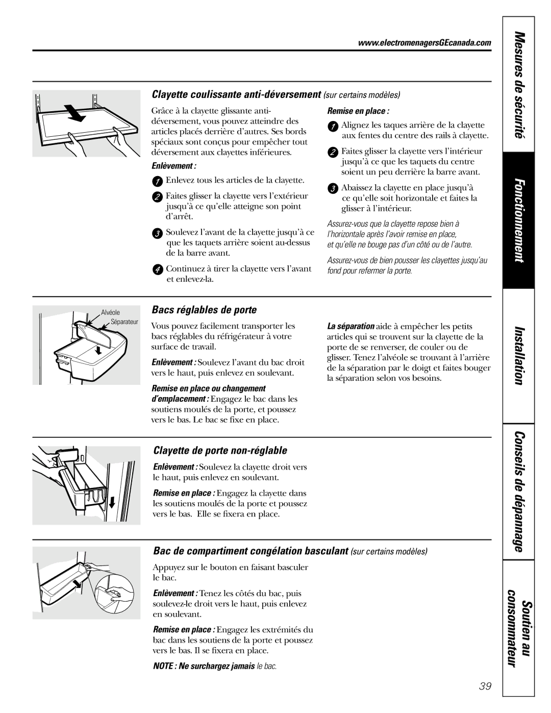 GE 200D2463P002 Sécurité, Conseils de dépannage Consommateur Soutien au, Mesures de, Bacs réglables de porte 