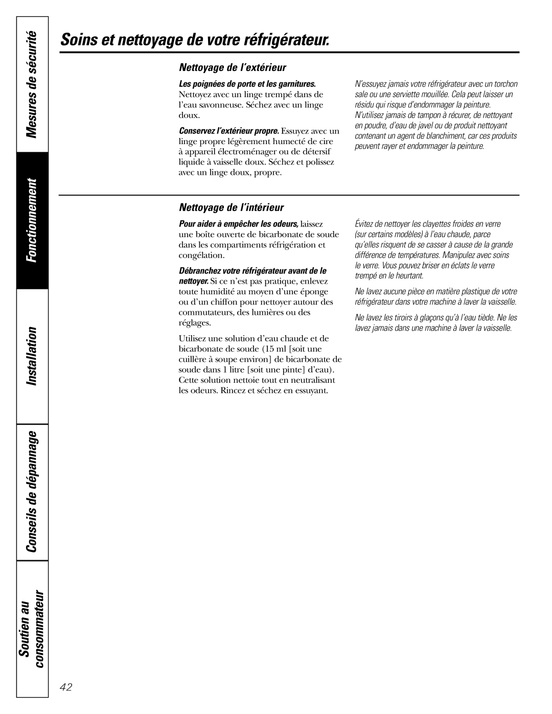 GE 200D2463P002 Soins et nettoyage de votre réfrigérateur, Mesures de, Nettoyage de l’extérieur, Nettoyage de l’intérieur 