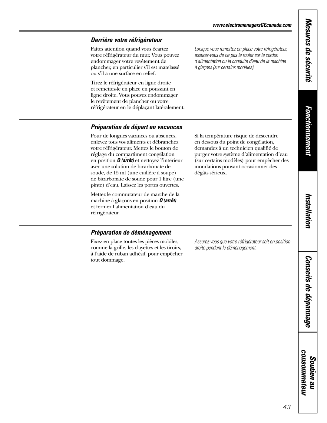 GE 200D2463P002 De sécurité, Mesures, Derrière votre réfrigérateur, Préparation de départ en vacances 