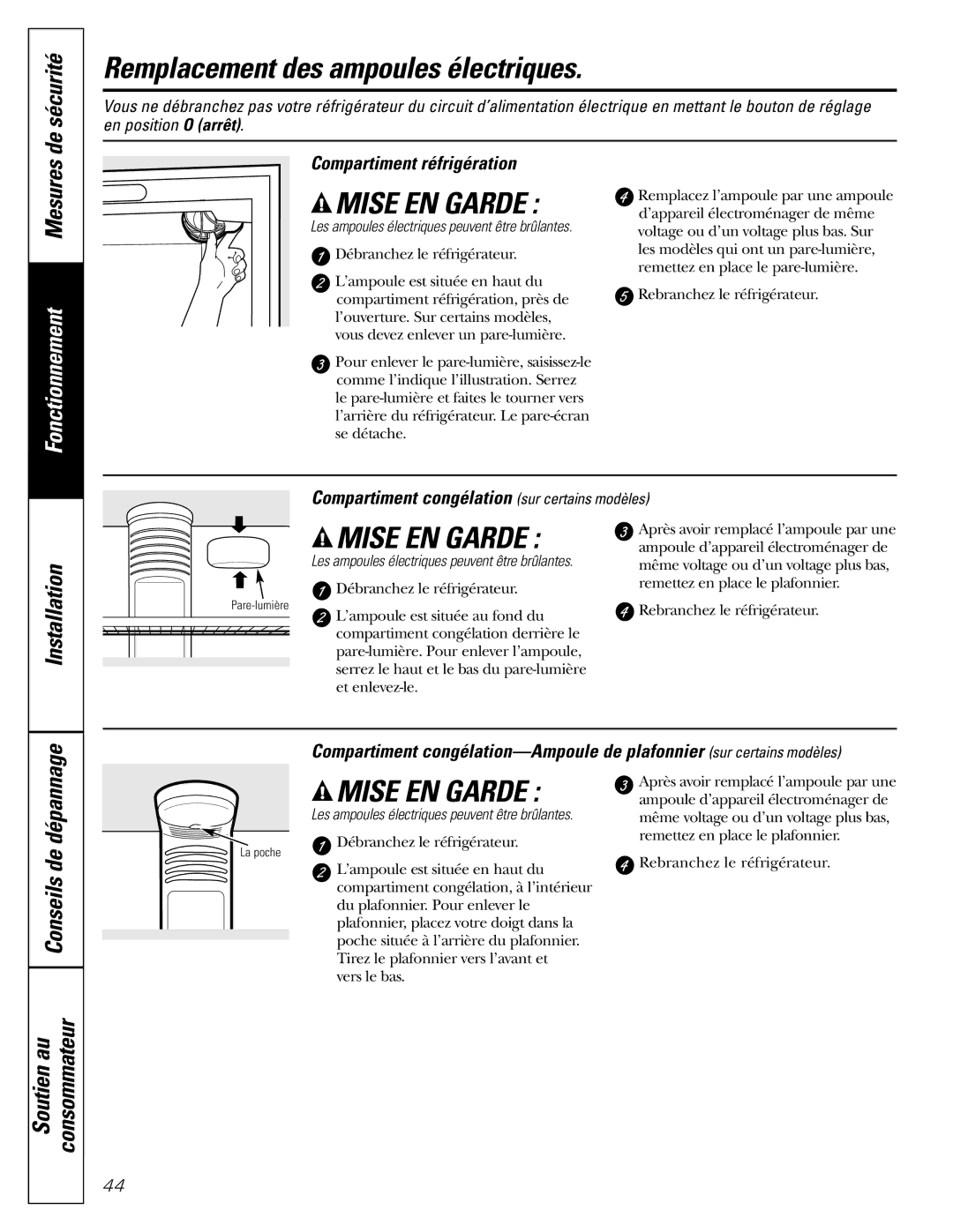 GE 200D2463P002 installation instructions Remplacement des ampoules électriques, Mesures, Compartiment réfrigération 