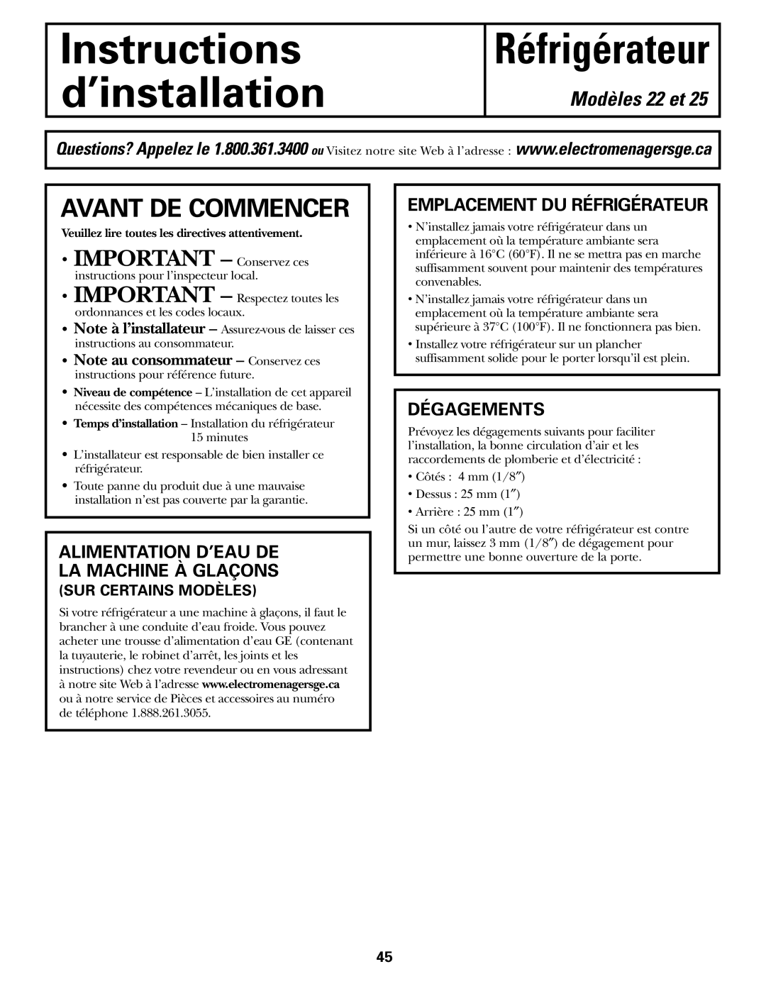 GE 200D2463P002 Avant DE Commencer, Alimentation D’EAU DE LA Machine À Glaçons, Emplacement DU Réfrigérateur, Dégagements 