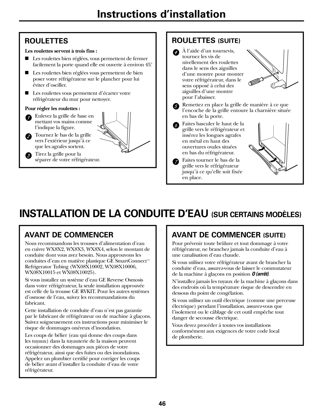 GE 200D2463P002 installation instructions Roulettes Suite, Avant DE Commencer Suite 