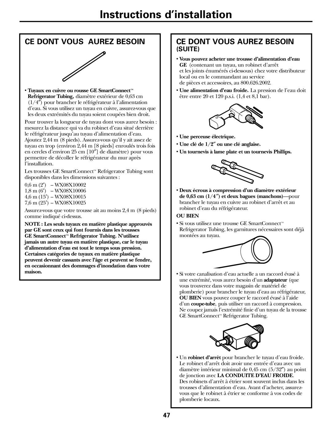 GE 200D2463P002 installation instructions CE Dont Vous Aurez Besoin, Tuyaux en cuivre ou rousse GE SmartConnect 