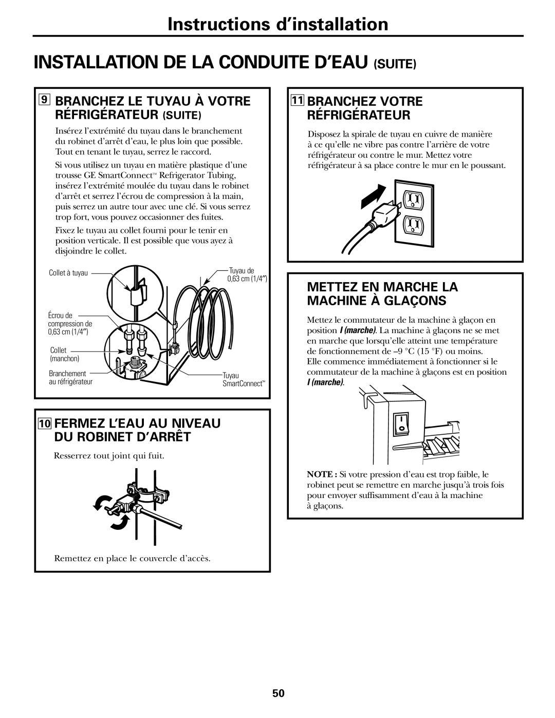 GE 200D2463P002 installation instructions Branchez Votre Réfrigérateur, Fermez L’EAU AU Niveau DU Robinet D’ARRÊT, Marche 