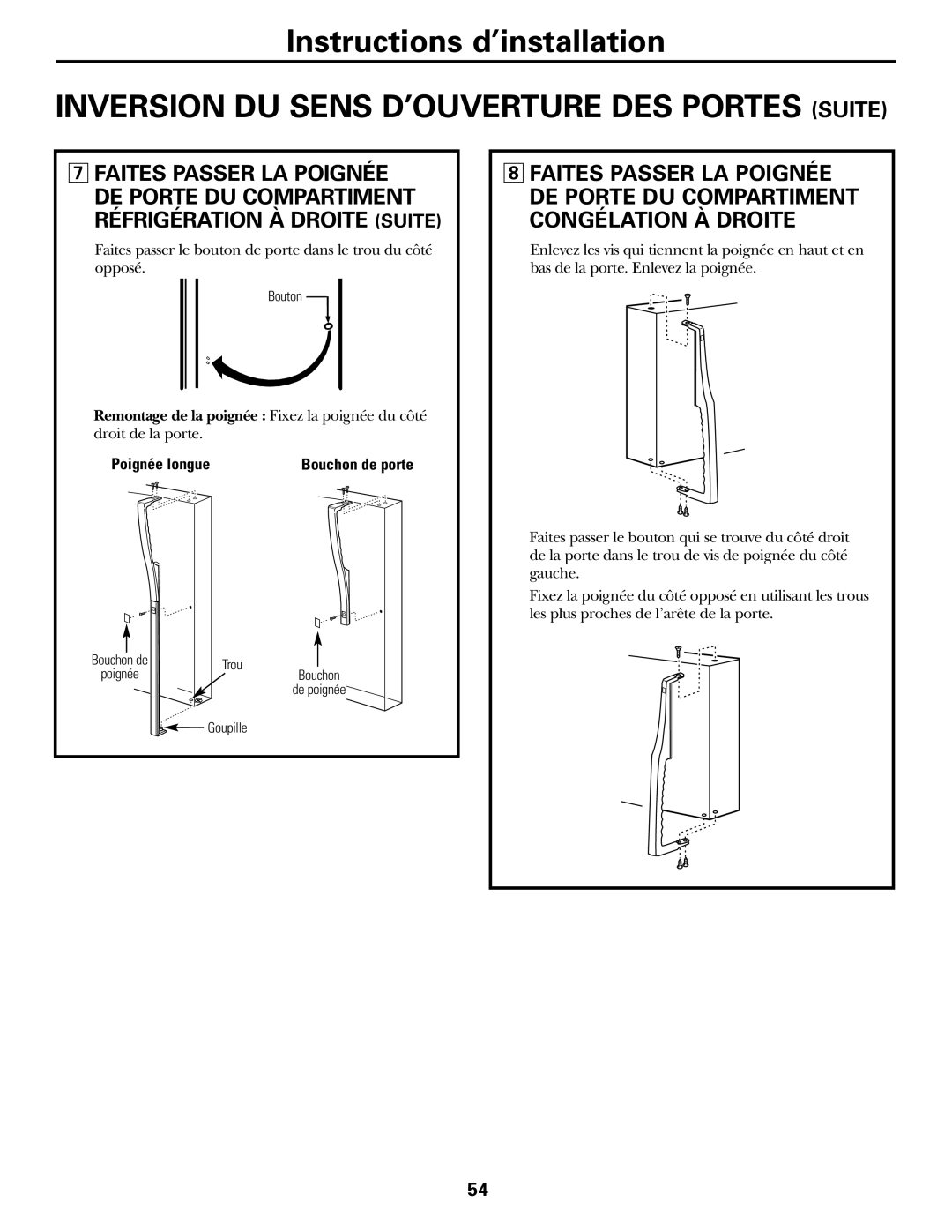 GE 200D2463P002 installation instructions Faites passer le bouton de porte dans le trou du côté opposé 