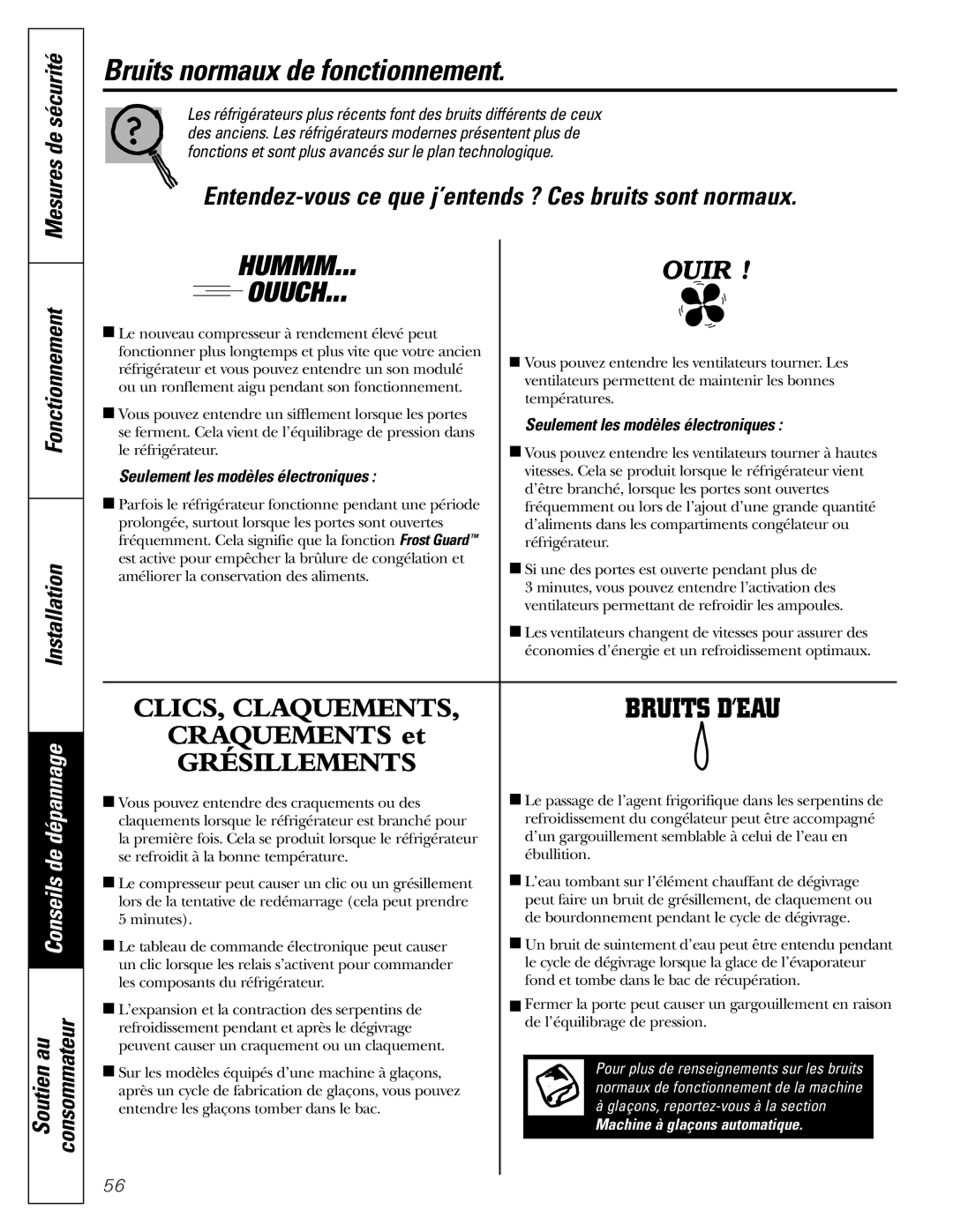 GE 200D2463P002 installation instructions Bruits normaux de fonctionnement, Mesures de sécurité Fonctionnement Installation 