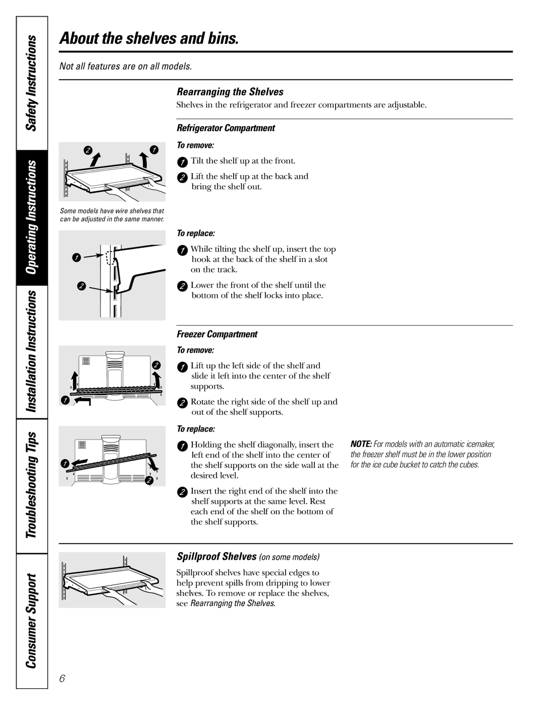 GE 200D2463P002 About the shelves and bins, Instructions Operating Instructions Safety Instructions 