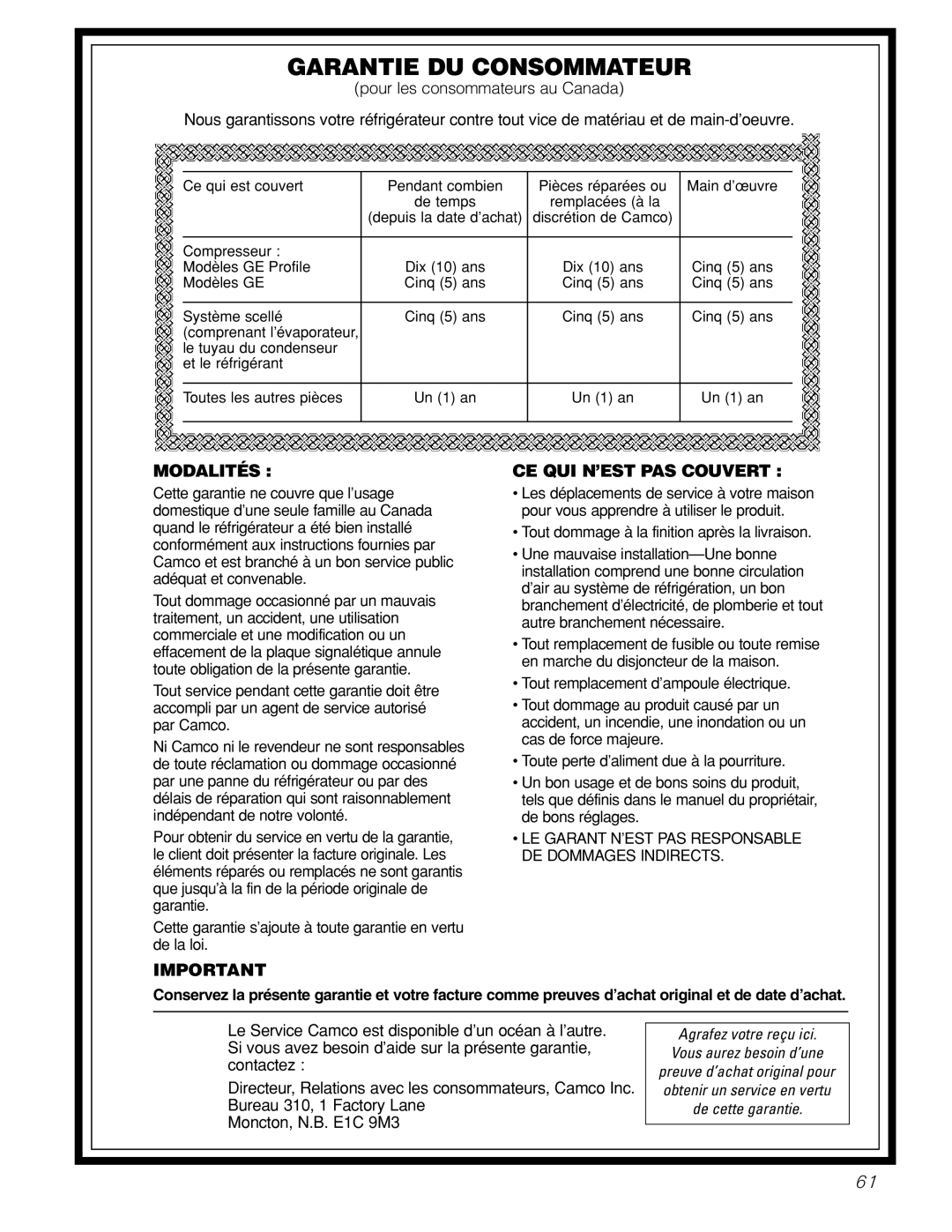 GE 200D2463P002 installation instructions Garantie DU Consommateur 