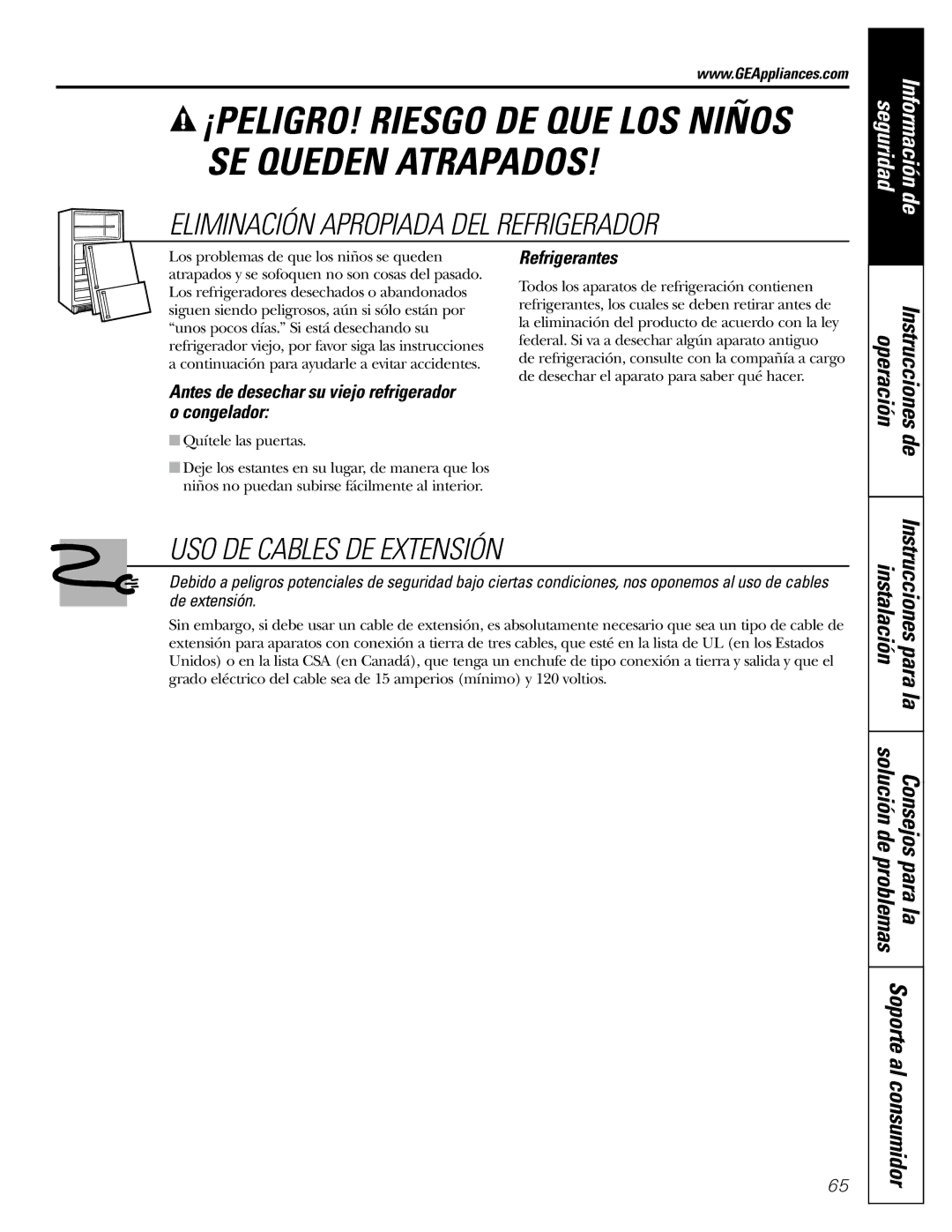 GE 200D2463P002 Eliminación Apropiada DEL Refrigerador, USO DE Cables DE Extensión, Soporte al consumidor, Refrigerantes 