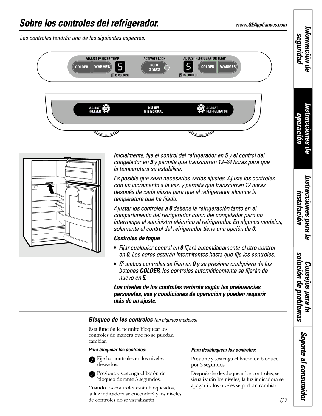 GE 200D2463P002 Sobre los controles del refrigerador, Al consumidor, Seguridad Información, Soporte, Controles de toque 