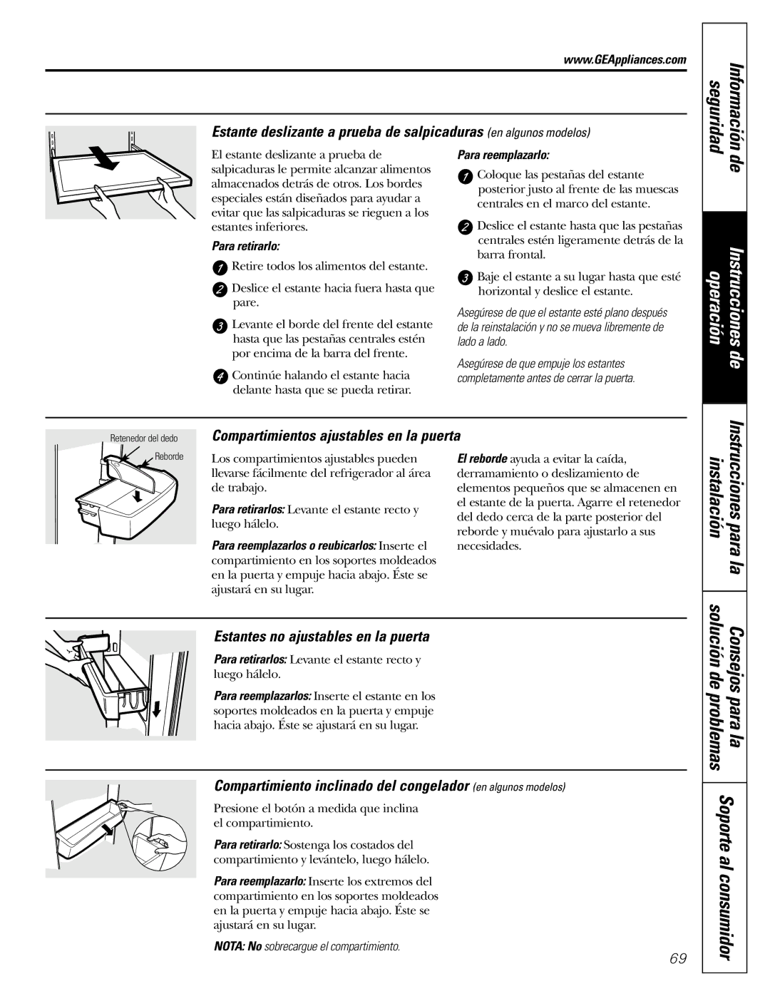 GE 200D2463P002 installation instructions Compartimientos ajustables en la puerta, Estantes no ajustables en la puerta 