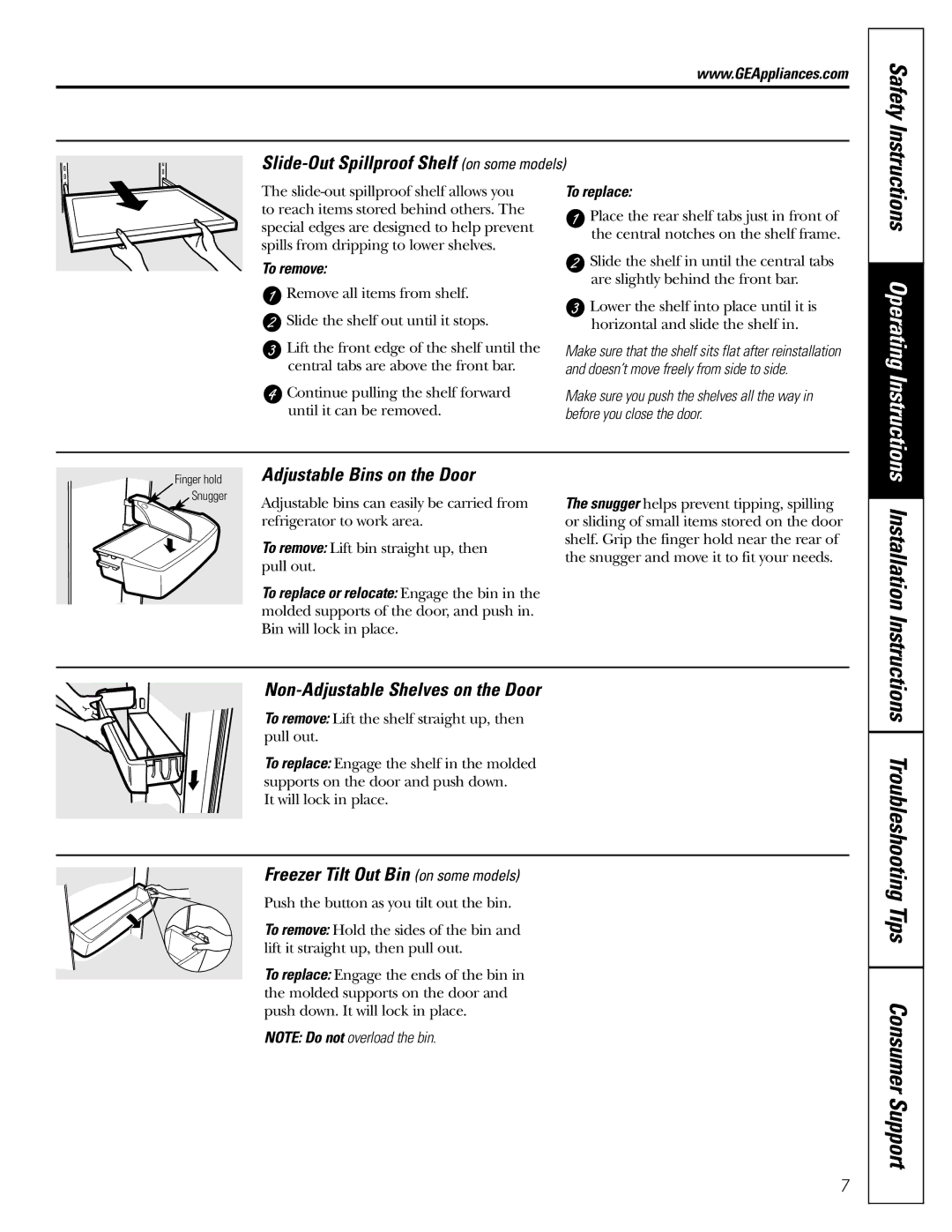 GE 200D2463P002 installation instructions Troubleshooting Tips Consumer Support, Slide-Out Spillproof Shelf on some models 