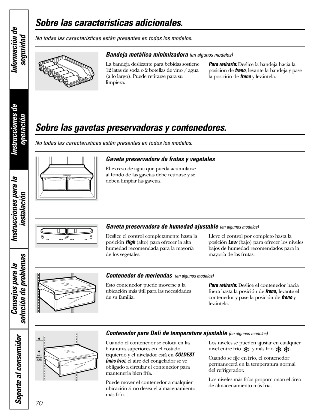 GE 200D2463P002 Sobre las características adicionales, Sobre las gavetas preservadoras y contenedores 