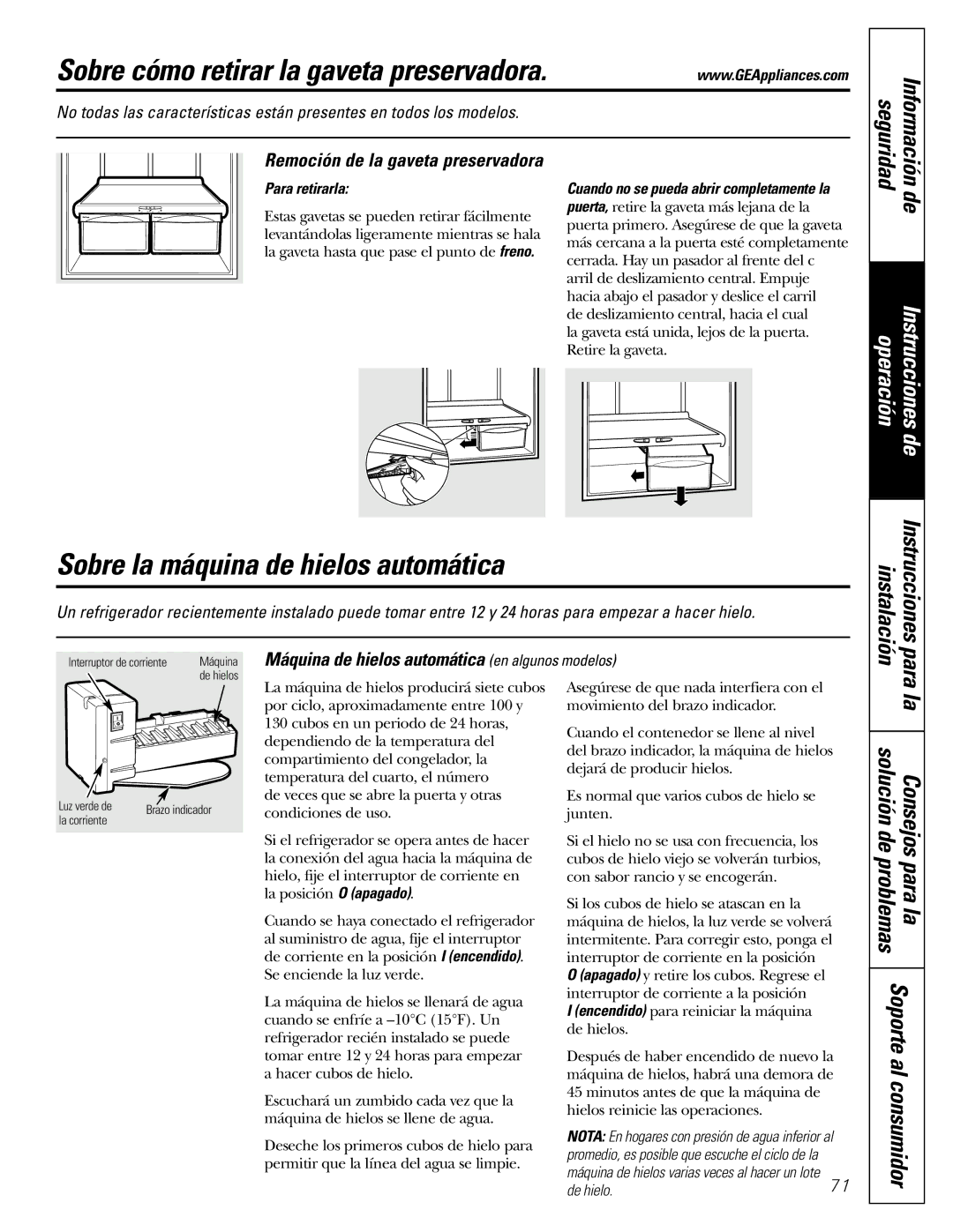 GE 200D2463P002 Sobre cómo retirar la gaveta preservadora, Sobre la máquina de hielos automática, Seguridad Información 