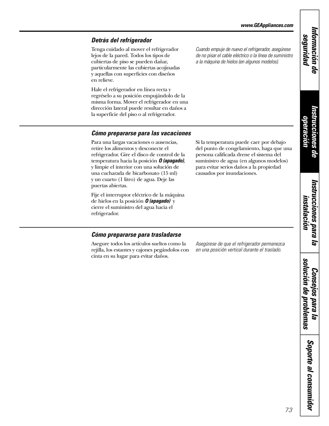 GE 200D2463P002 Instrucciones para instalación, Detrás del refrigerador, Cómo prepararse para las vacaciones 