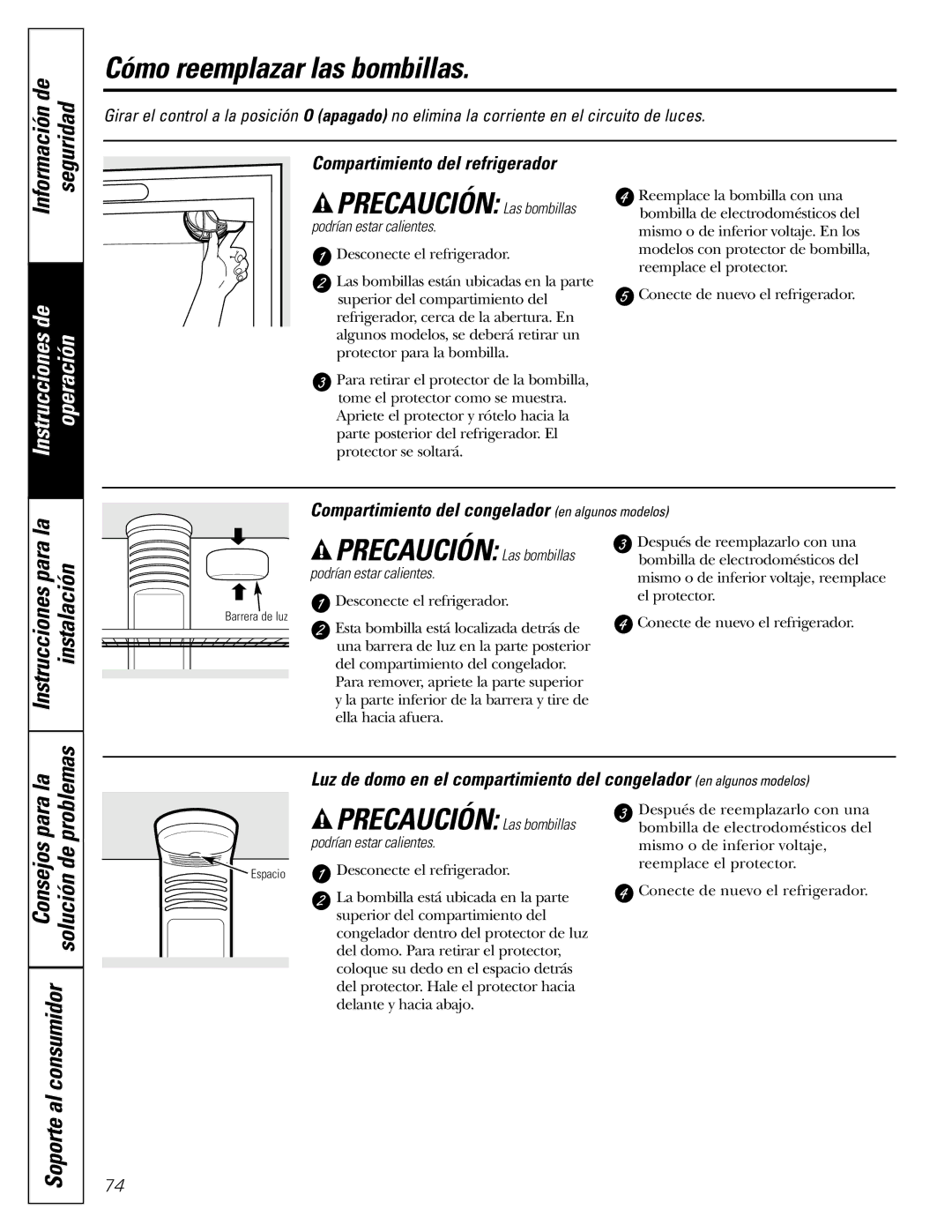 GE 200D2463P002 Cómo reemplazar las bombillas, Consejos para solución de, Instrucciones para la instalación, La problemas 