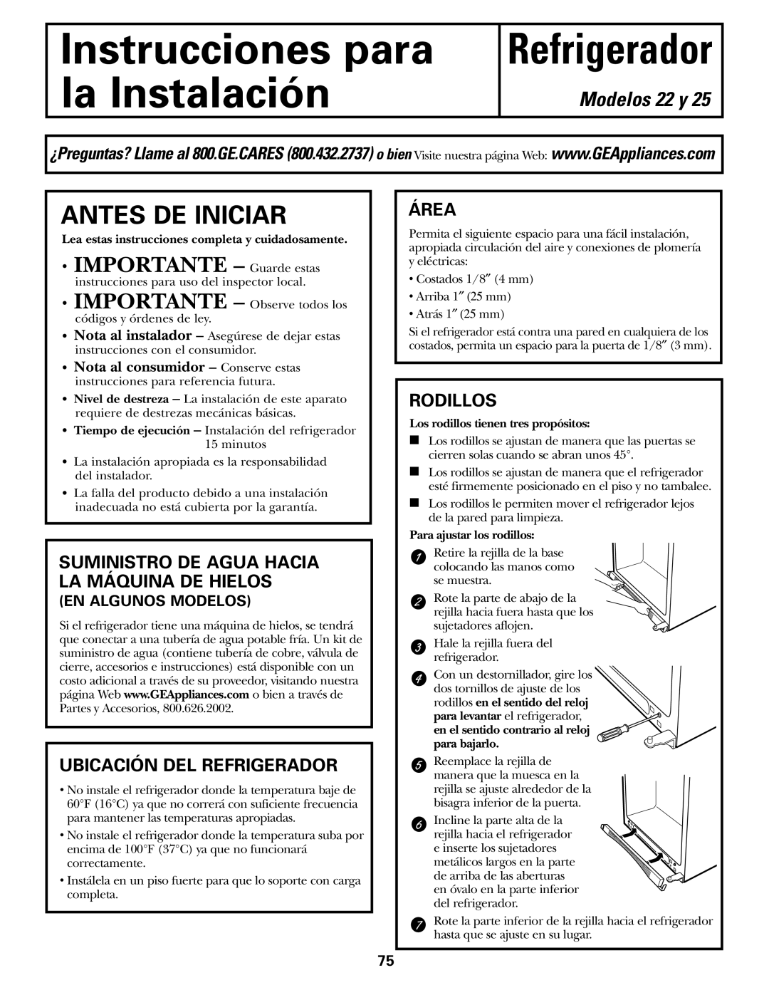 GE 200D2463P002 Antes DE Iniciar, Suministro DE Agua Hacia LA Máquina DE Hielos, Ubicación DEL Refrigerador, Área 