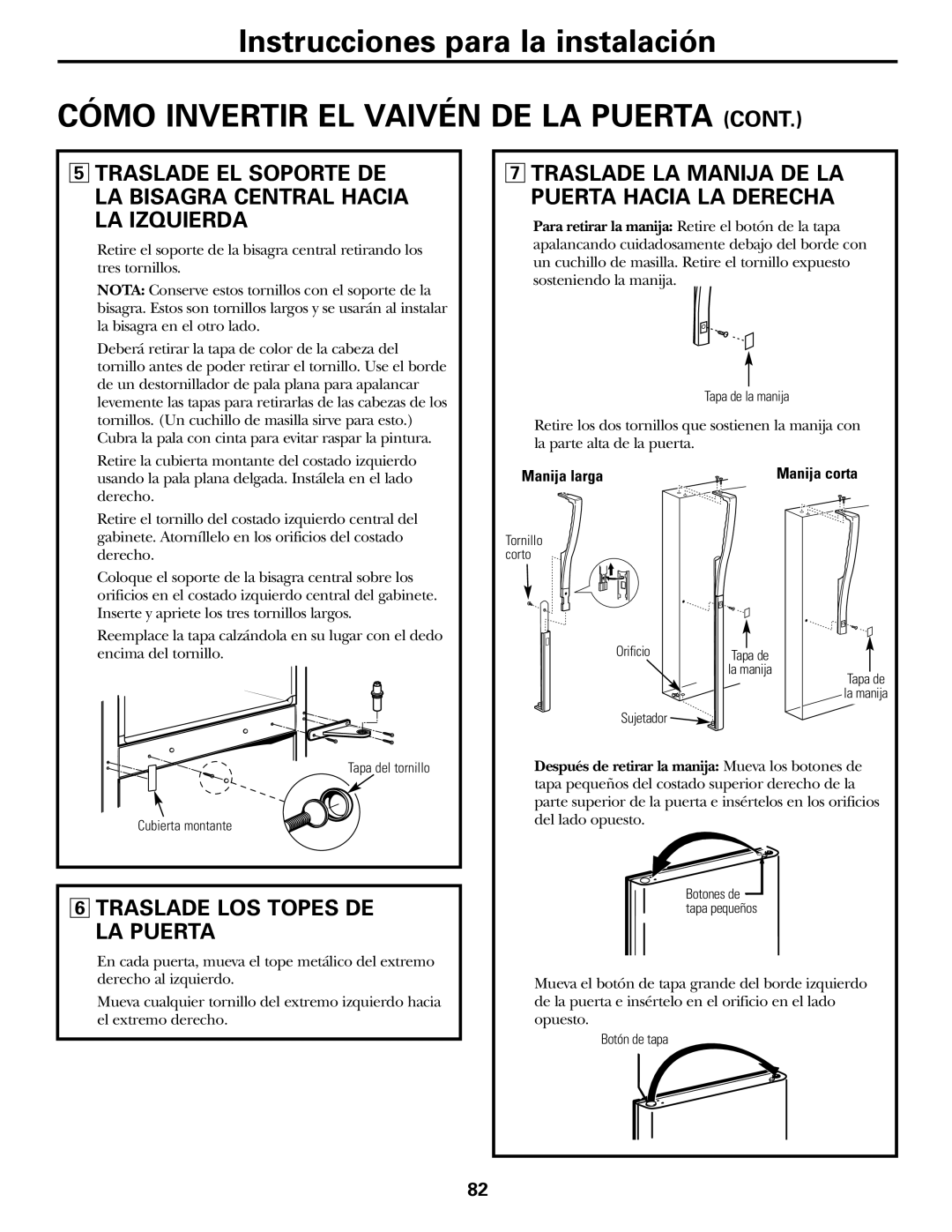 GE 200D2463P002 installation instructions Traslade LOS Topes DE LA Puerta, Traslade LA Manija DE LA Puerta Hacia LA Derecha 