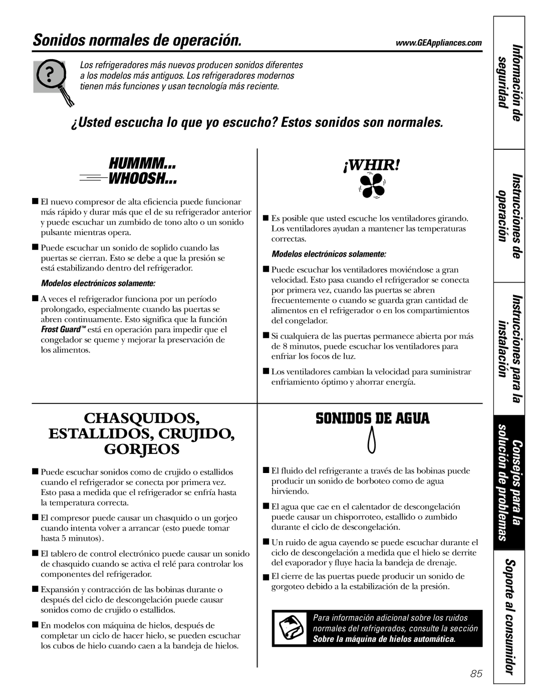 GE 200D2463P002 installation instructions Sonidos normales de operación, Modelos electrónicos solamente 