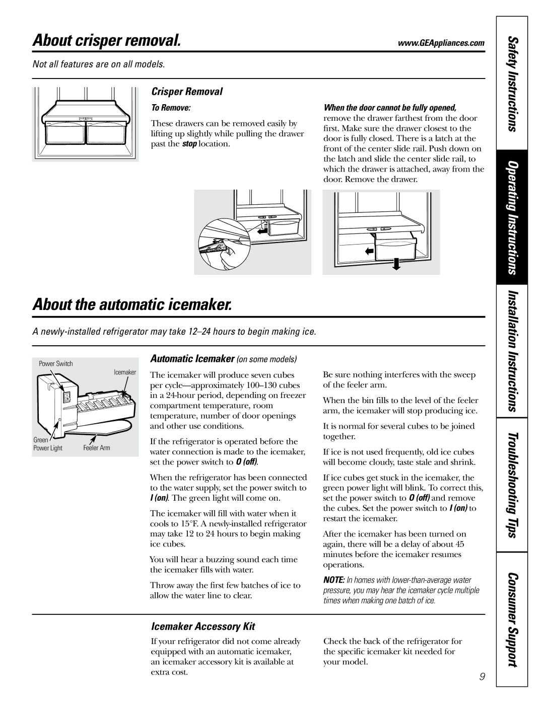 GE 200D2463P002 installation instructions About crisper removal, About the automatic icemaker, Safety, Support 