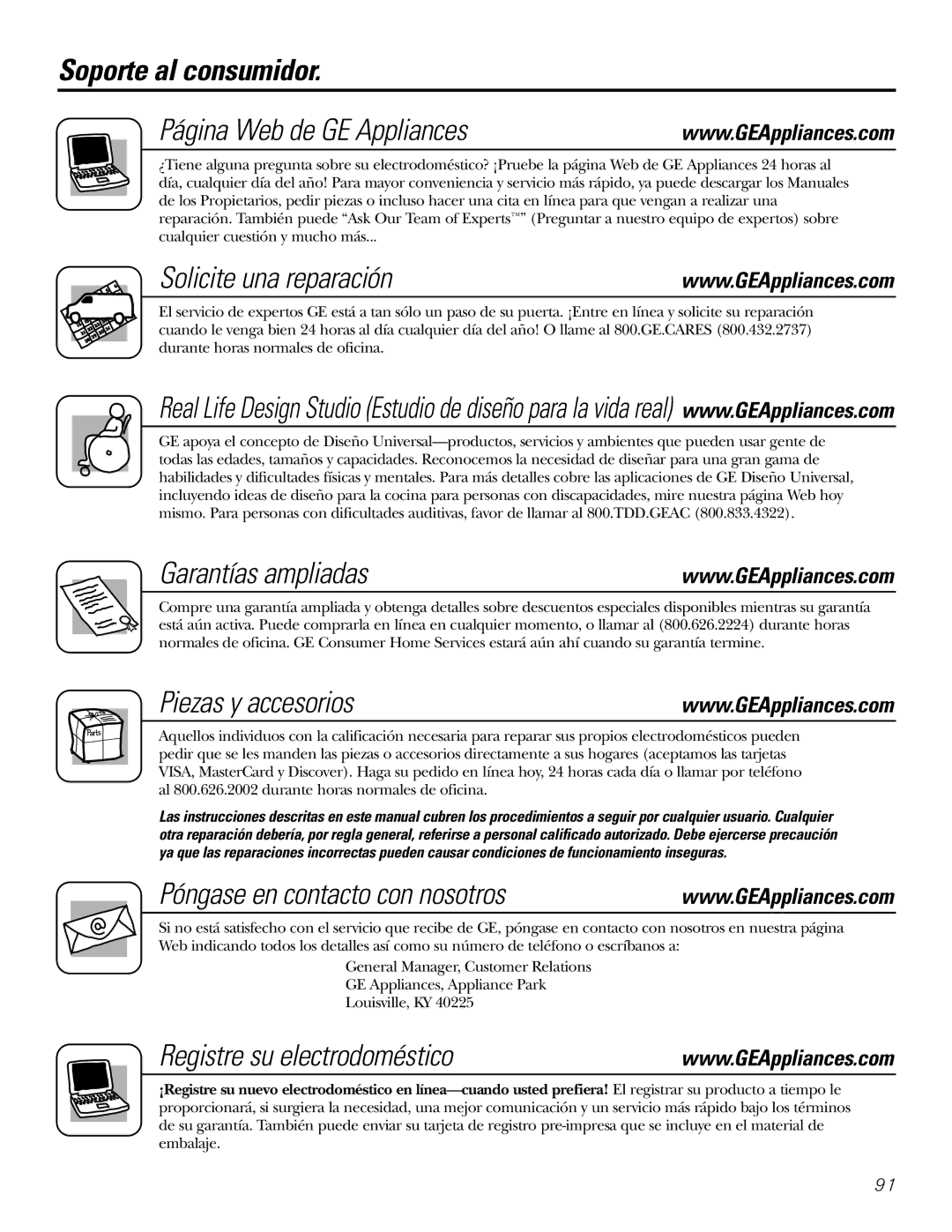 GE 200D2463P002 Soporte al consumidor Página Web de GE Appliances, Solicite una reparación, Garantías ampliadas 