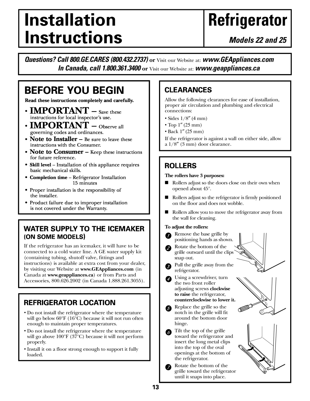 GE 200D2463P002 Installation Instructions, Before You Begin, Models 22 and, Refrigerator Location, Clearances, Rollers 