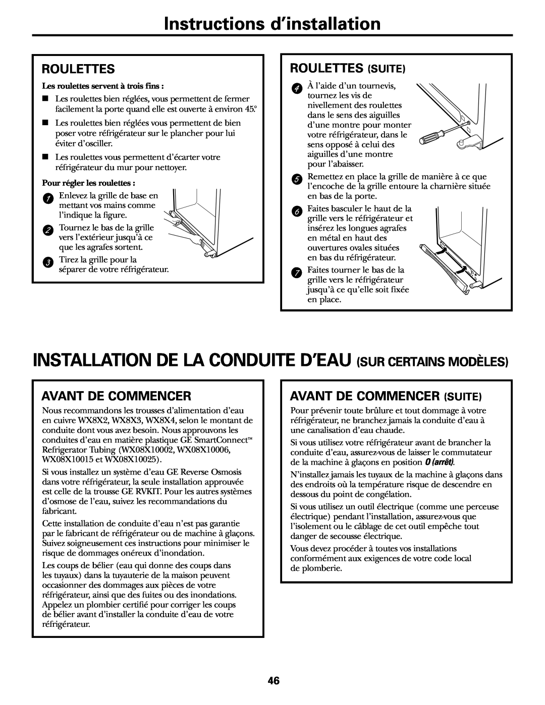 GE 200D2463P002 Instructions d’installation, Installation De La Conduite D’Eau Sur Certains Modèles, Roulettes 