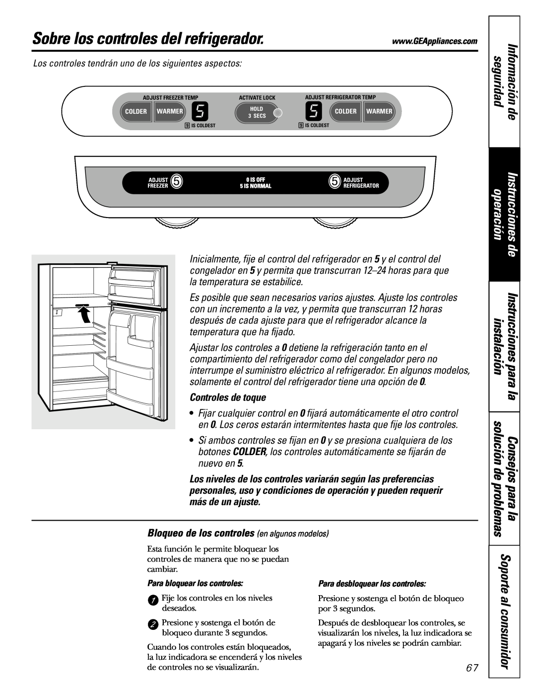 GE 200D2463P002 Sobre los controles del refrigerador, al consumidor, operación, Soporte, Controles de toque, Instrucciones 