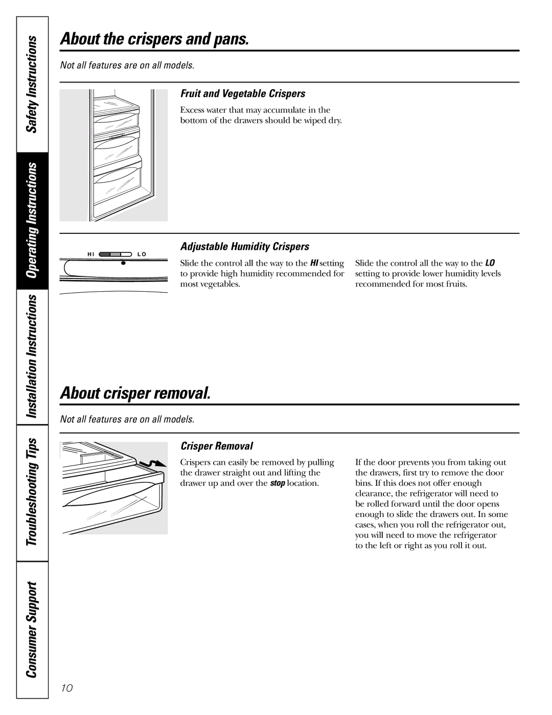GE 200D26000P022 About the crispers and pans, About crisper removal, Consumer Support Troubleshooting Tips 