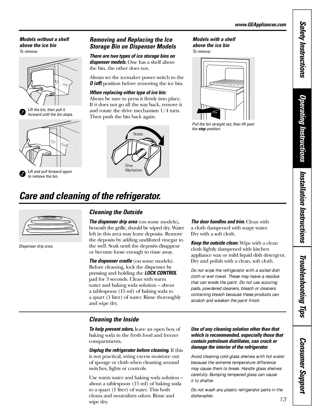 GE 200D26000P022 installation instructions Care and cleaning of the refrigerator, Installation 